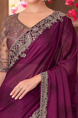 Party Perfect Burgundy Chiffon Saree with Shimmering Sequin and Thread Embroidery