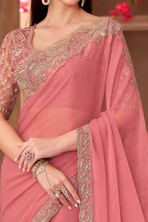 Party Perfect Peach Georgette Saree with Shimmering Sequin and Thread Embroidery