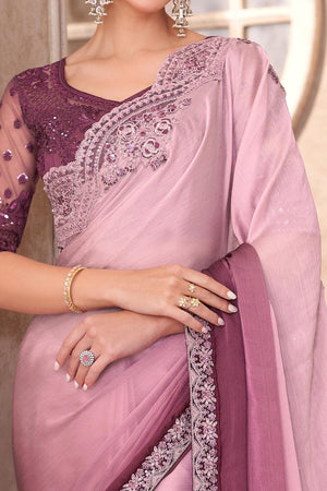 Party Perfect Pink & Wine Chiffon Saree with Shimmering Sequin and Thread Embroidery
