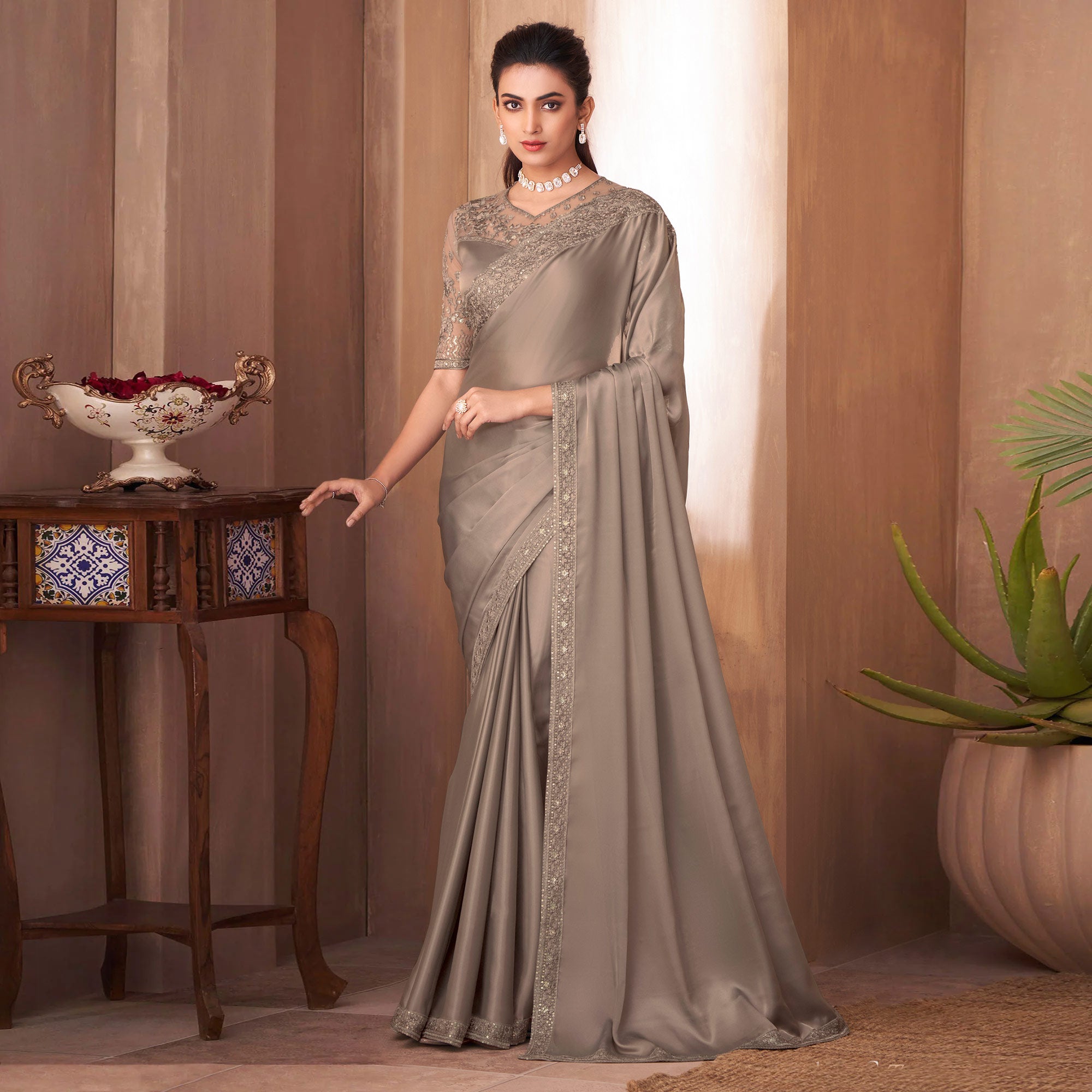 Beige Sequins Embroidered Satin Saree