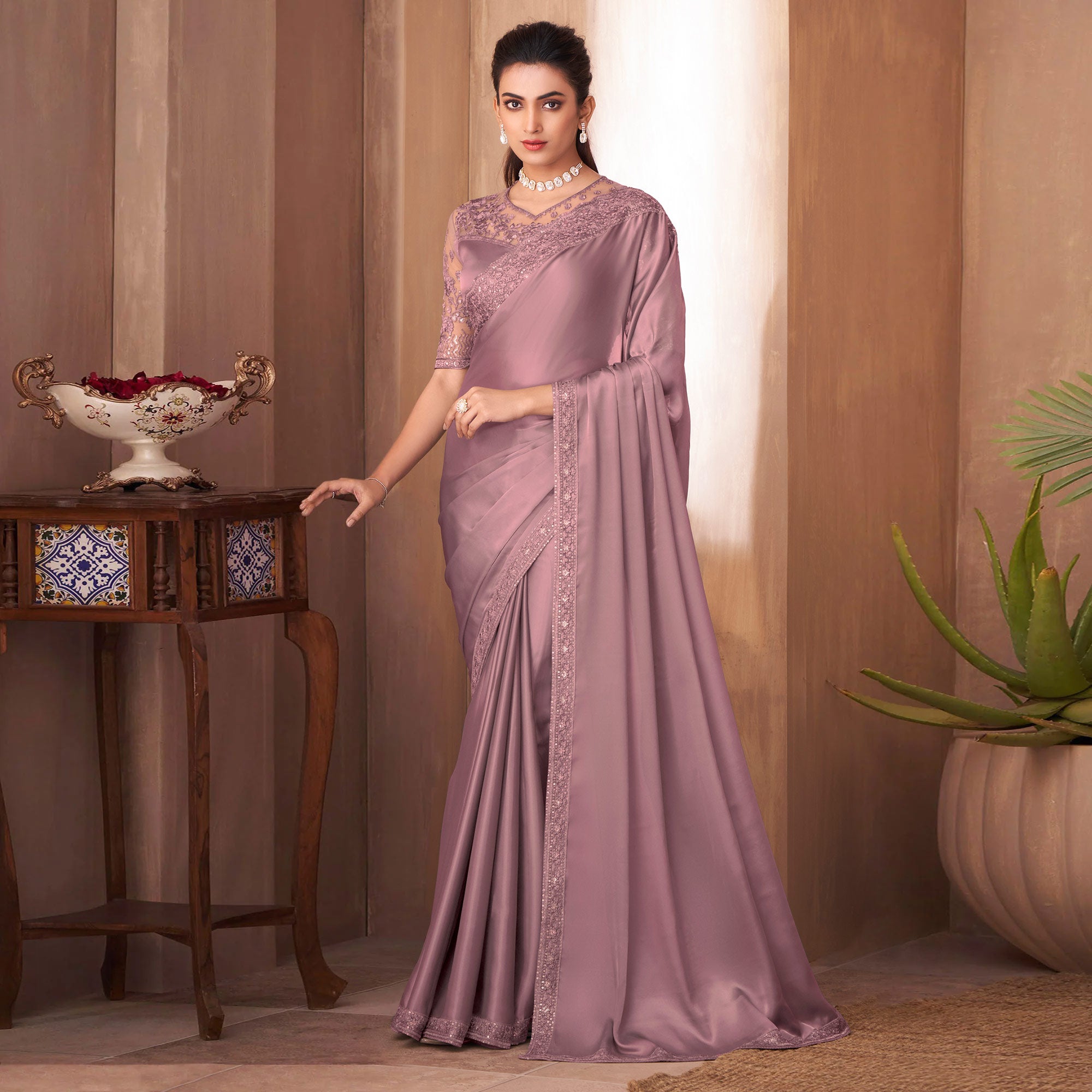 Mauve Sequins Embroidered Satin Saree