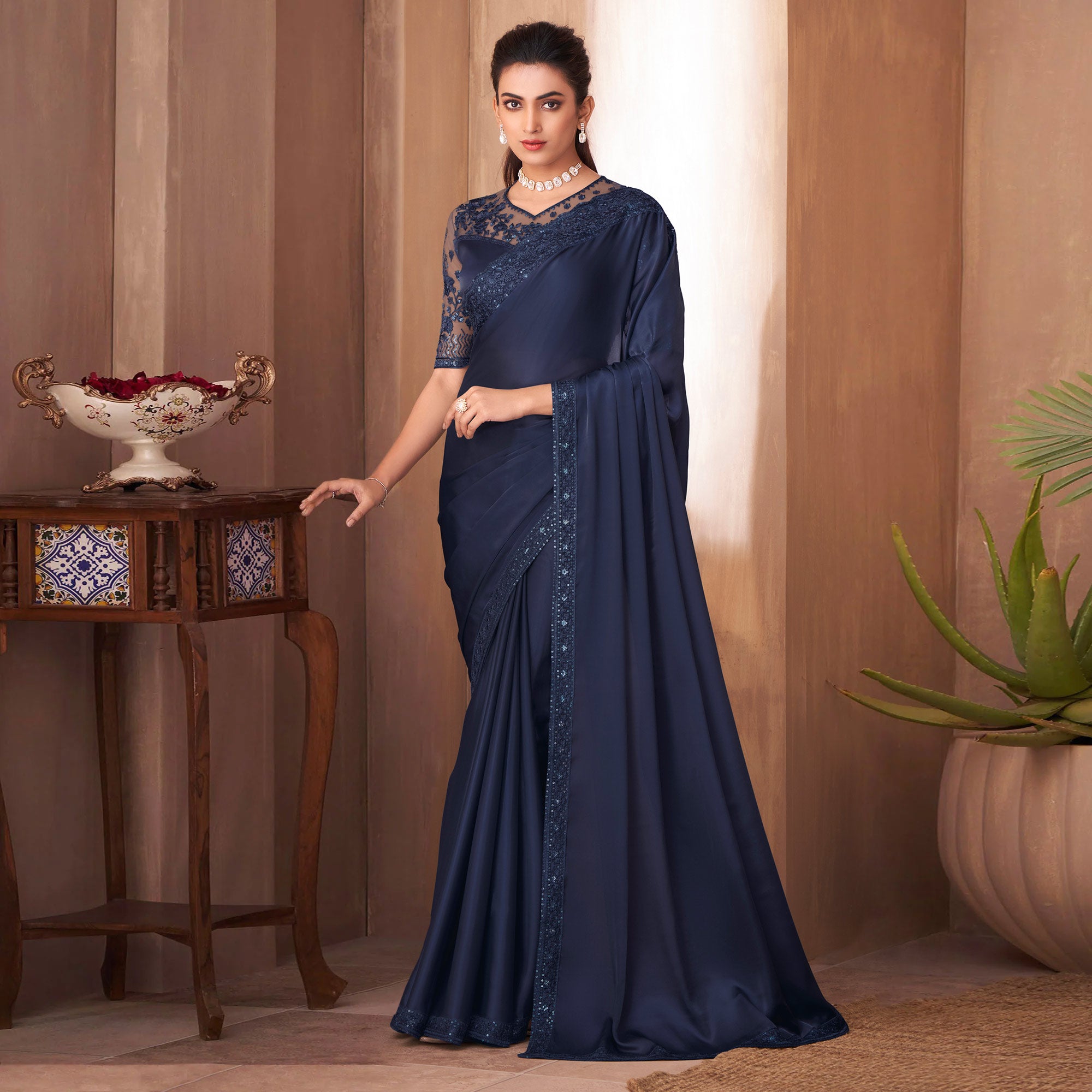 Navy Blue Sequins Embroidered Satin Saree