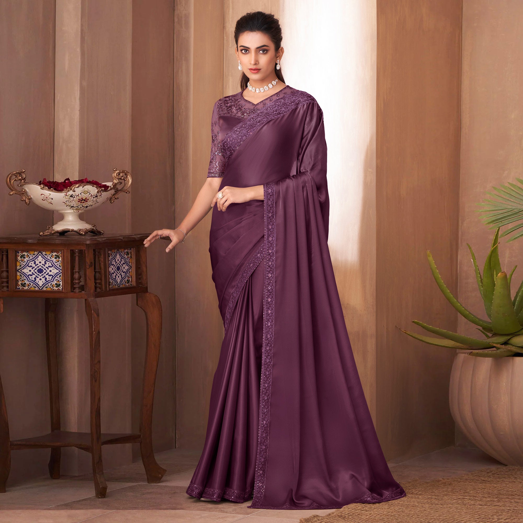 Wine Sequins Embroidered Satin Saree