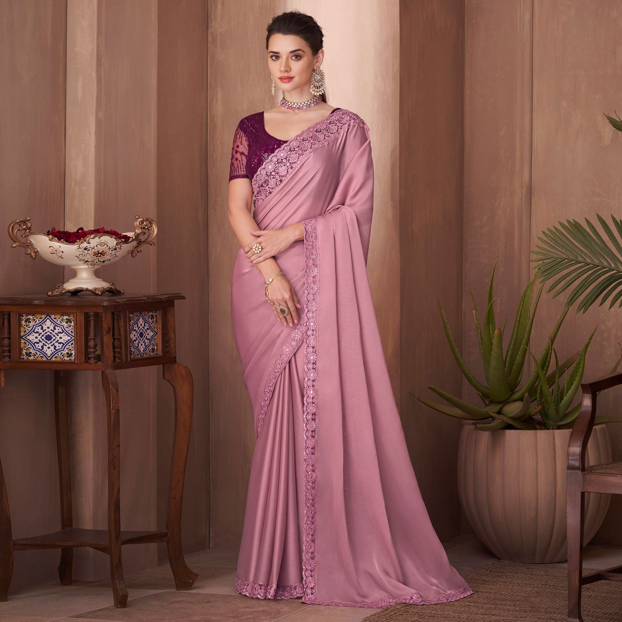 Pink Embroidered Satin Saree