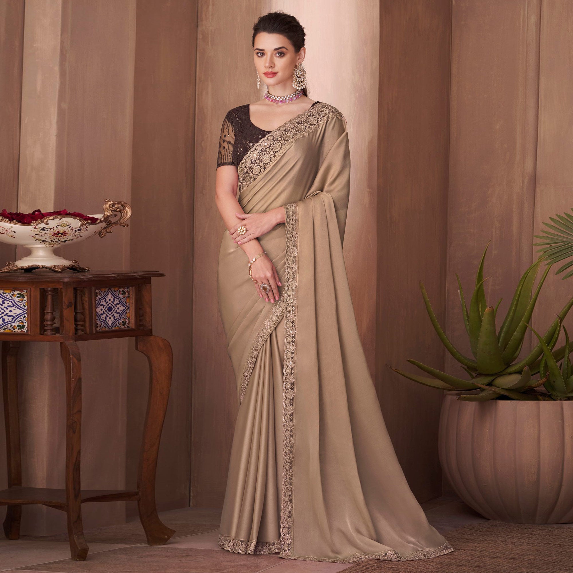 Light Brown Embroidered Satin Saree