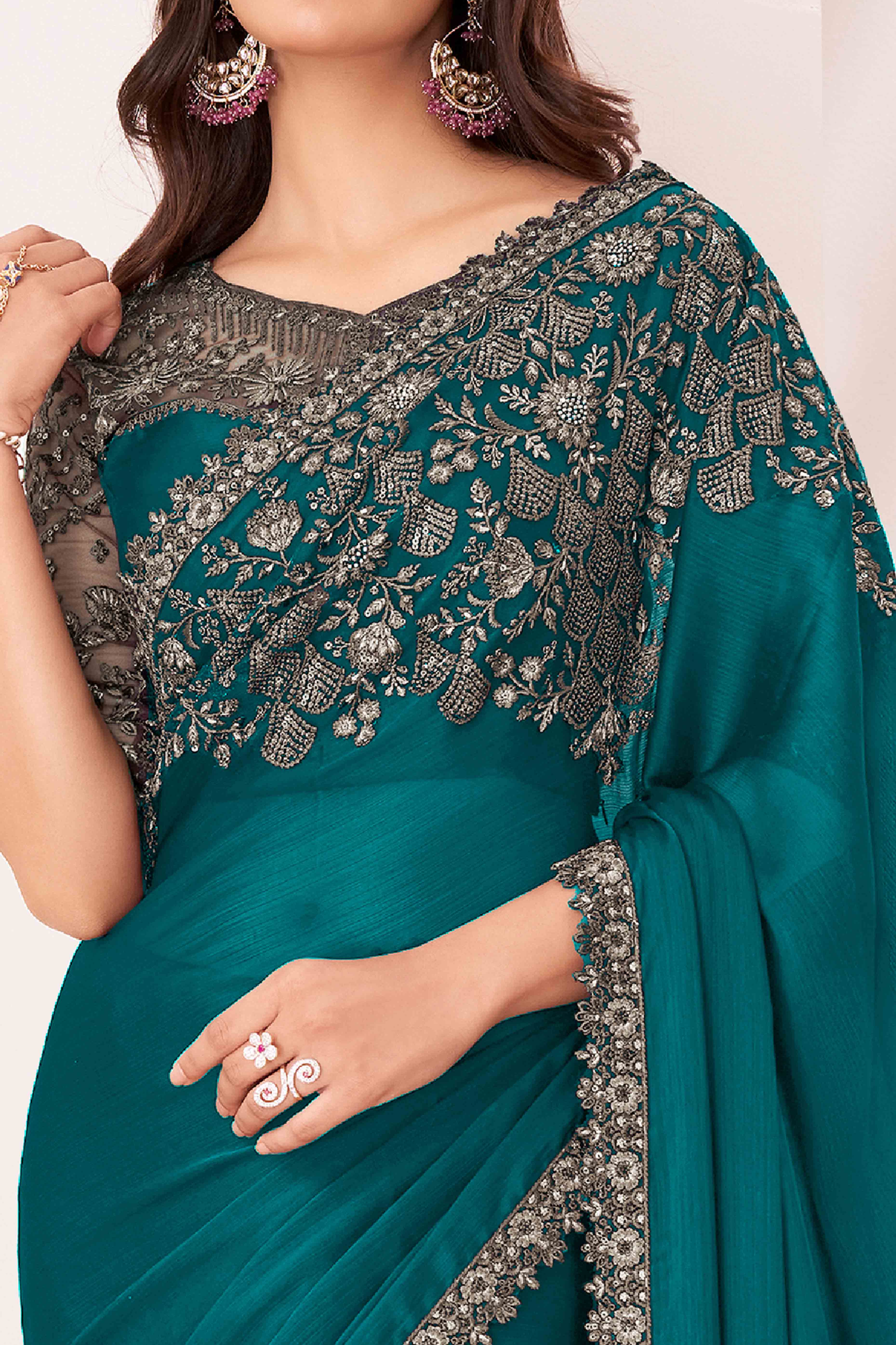 Teal Sequins Embroidered Satin Saree