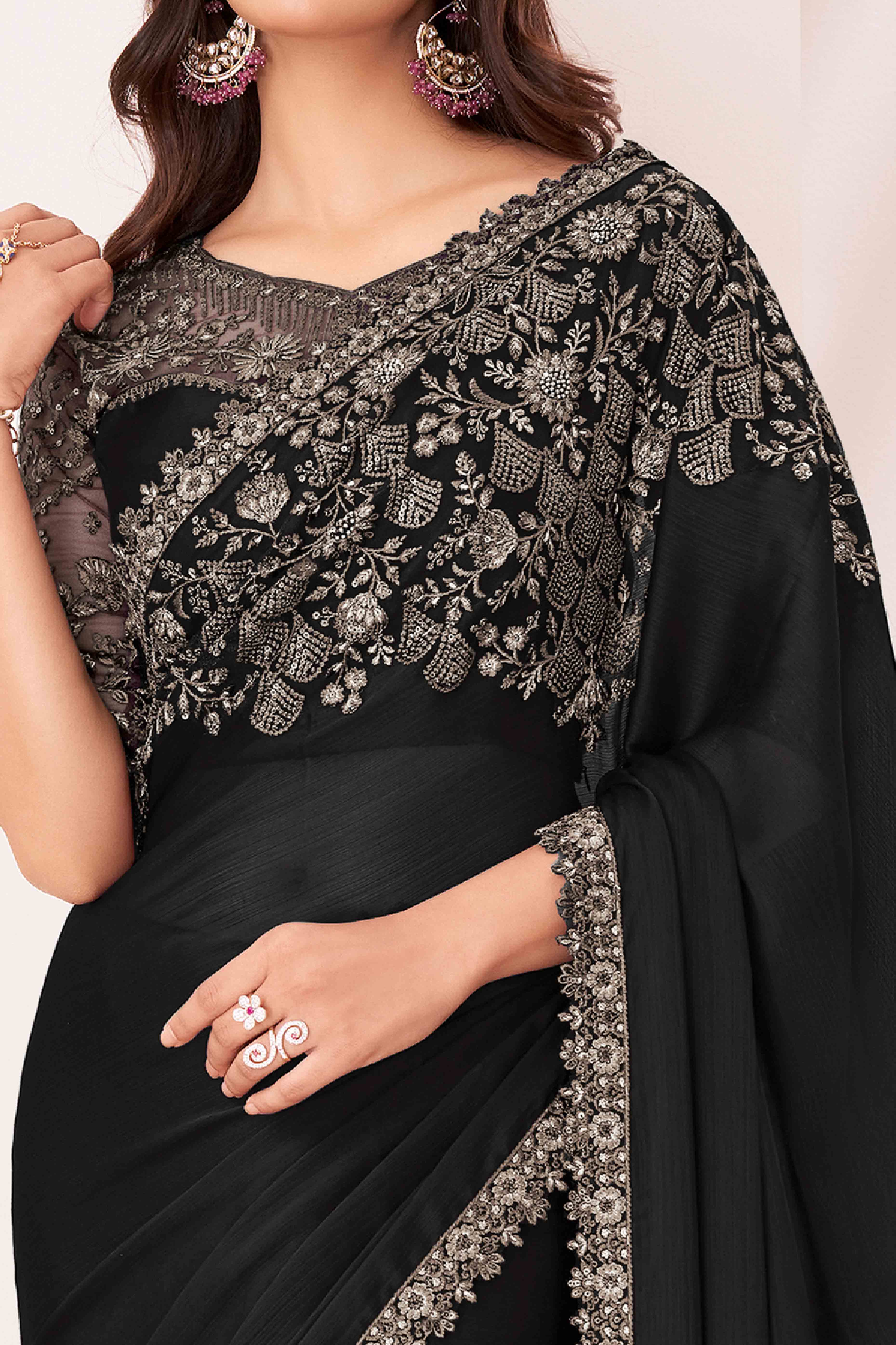 Black Sequins Embroidered Satin Saree