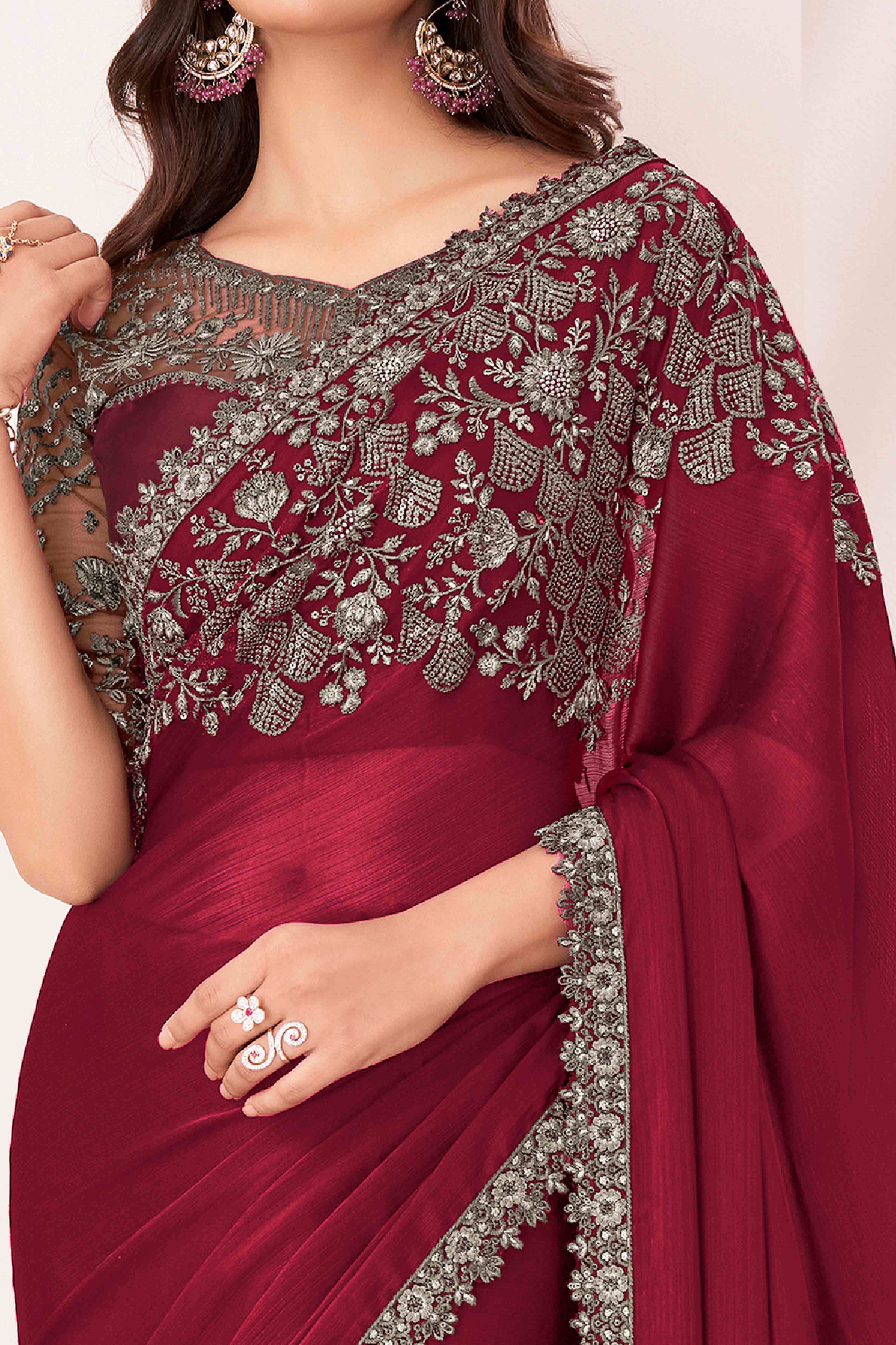 Maroon Sequins Embroidered Satin Saree