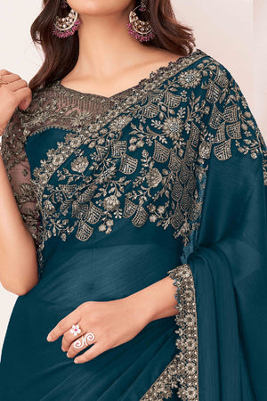 Dark Teal Sequins Embroidered Satin Saree