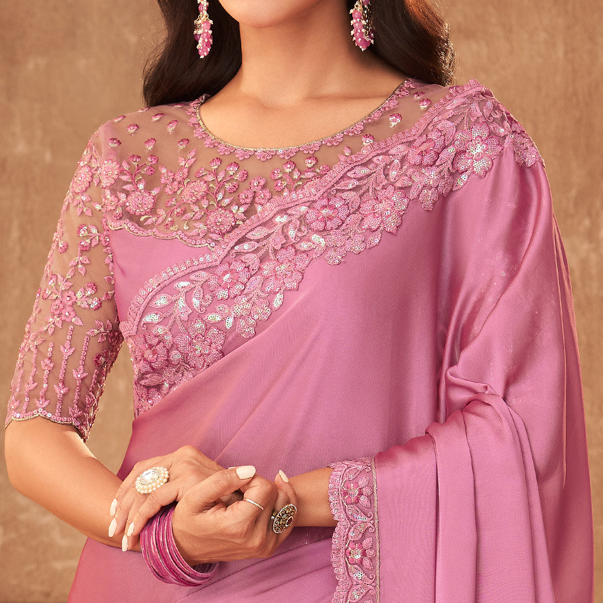 Light Pink Embroidered Art Silk Saree