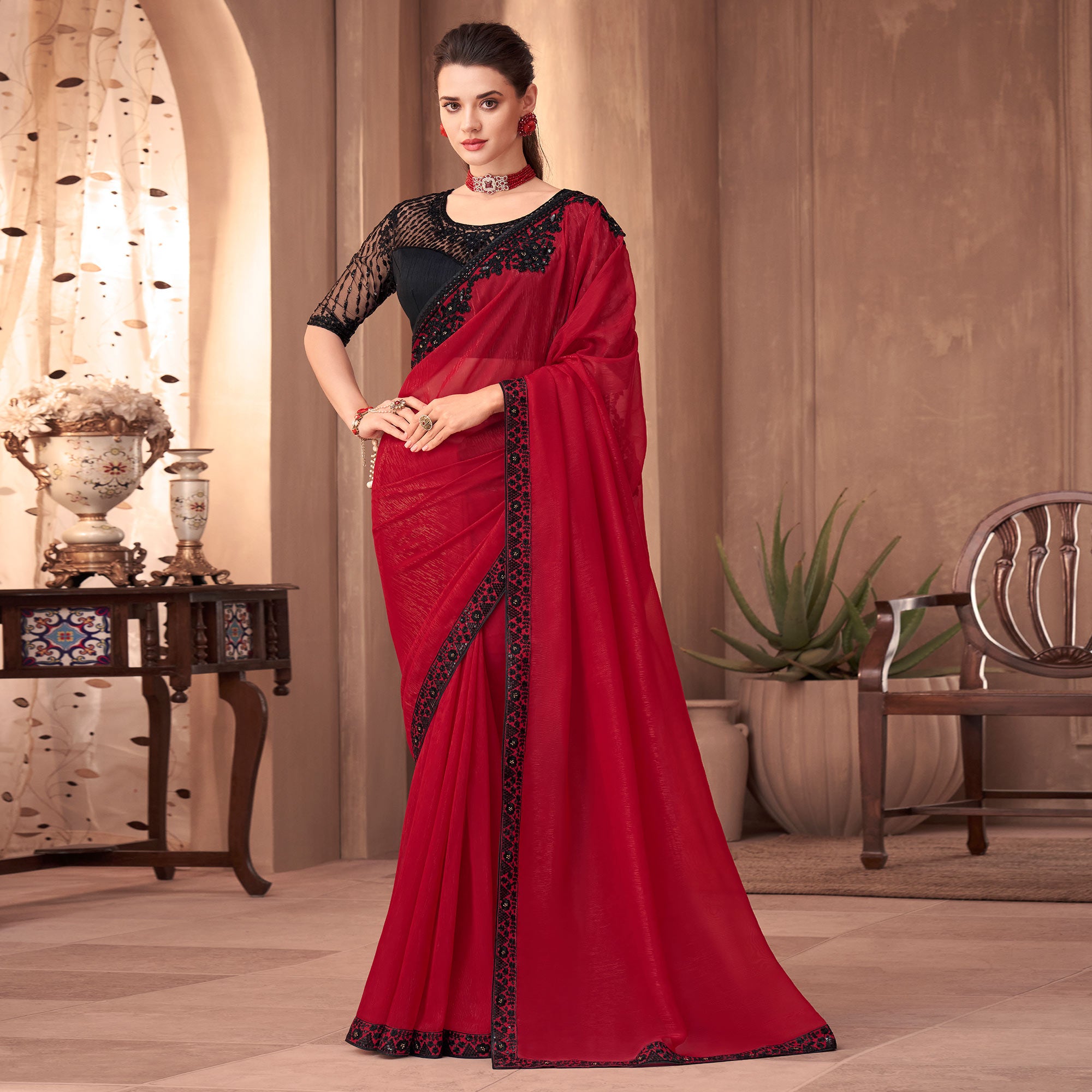 Red Floral Embroidered Georgette Saree