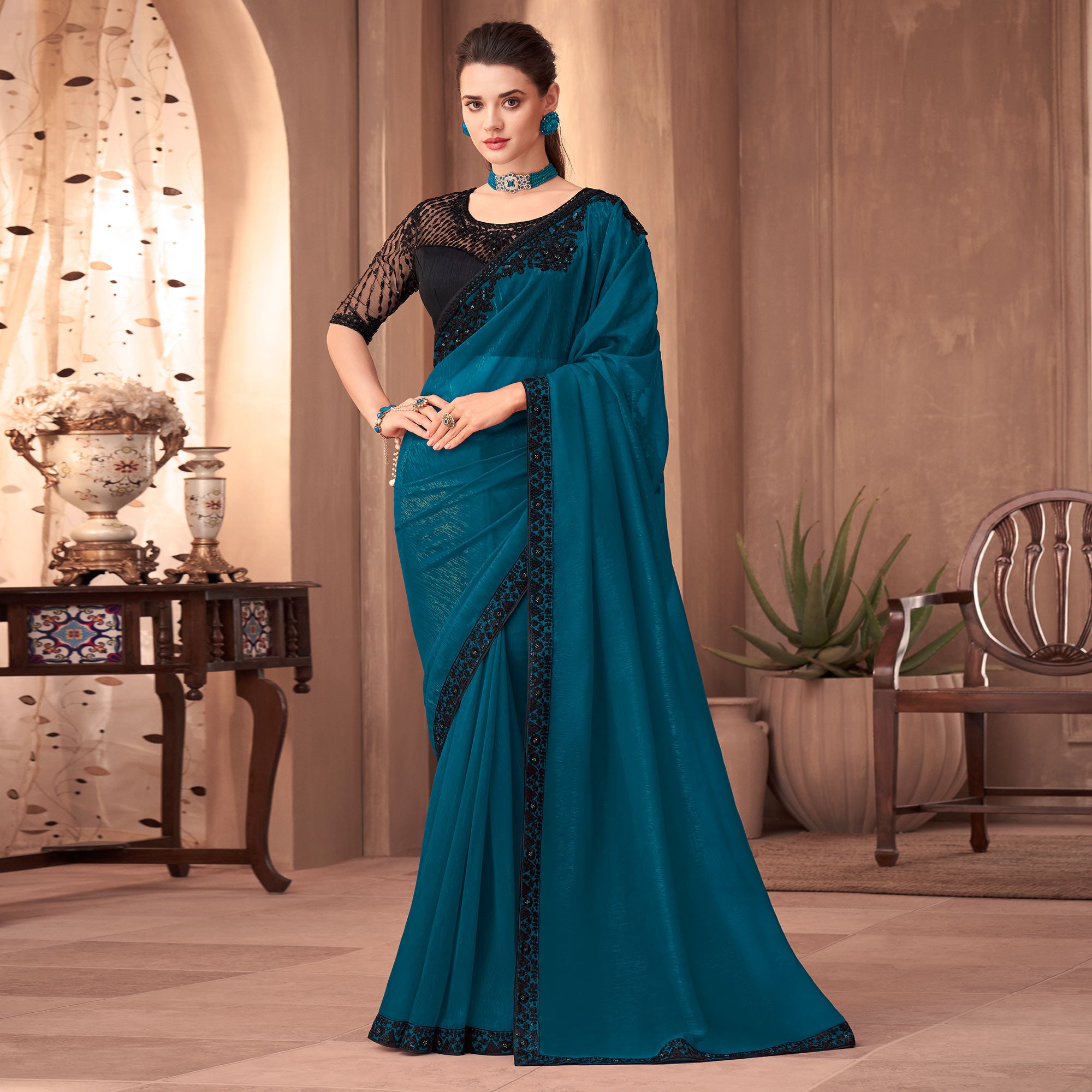 Blue Floral Embroidered Georgette Saree