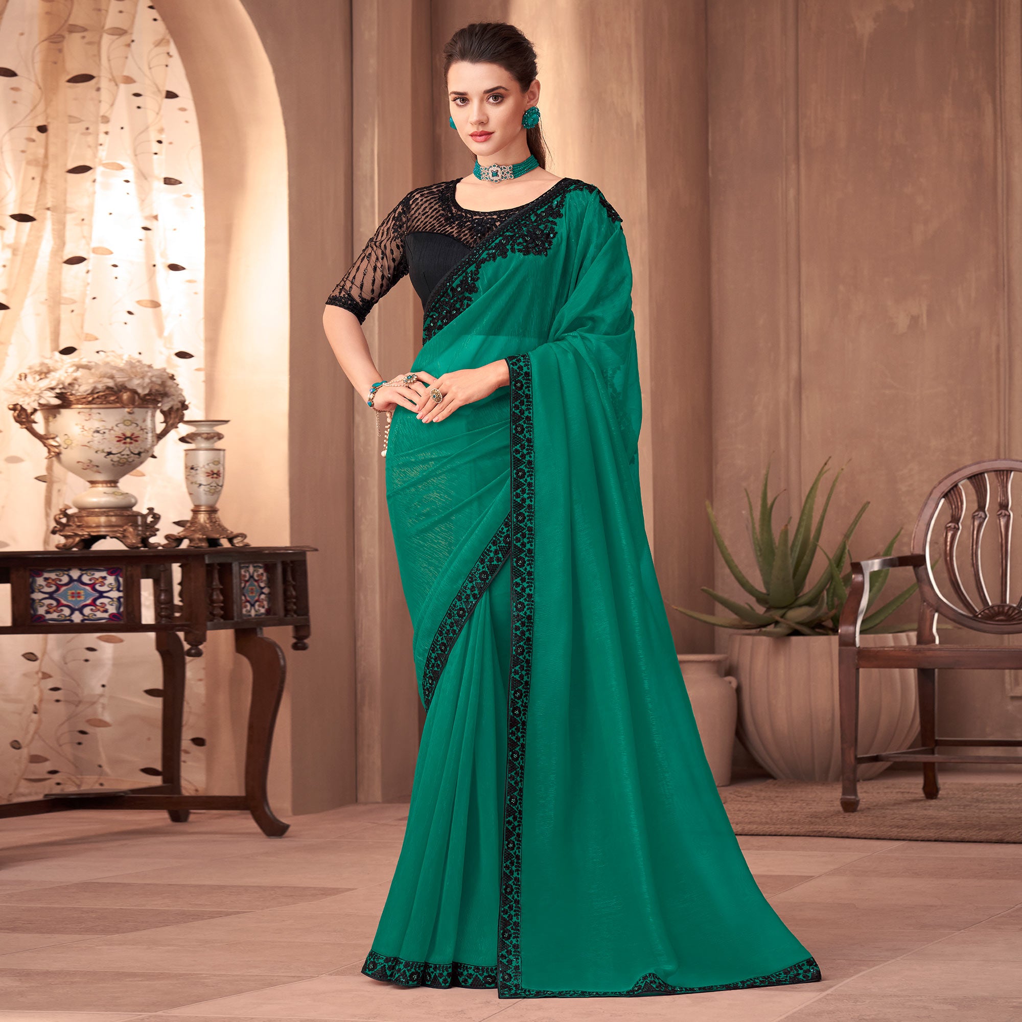 Green Floral Embroidered Georgette Saree