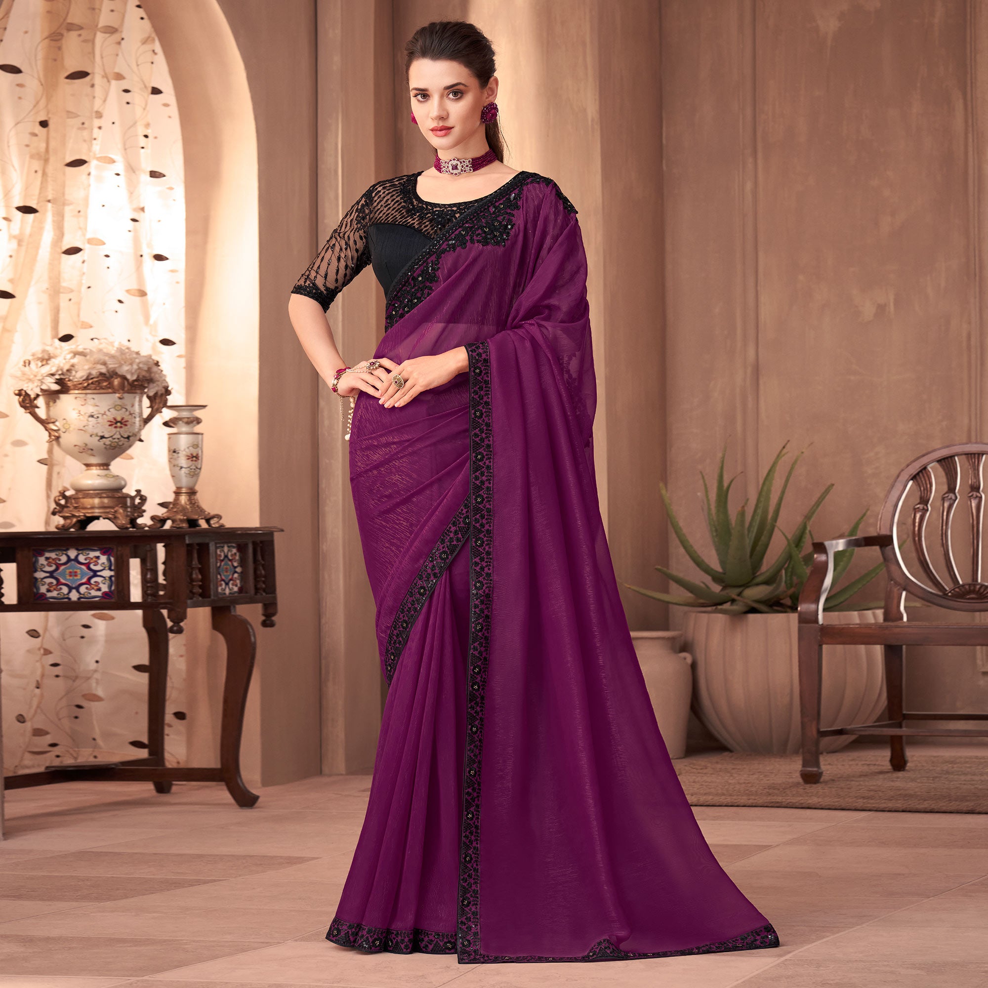 Wine Floral Embroidered Georgette Saree