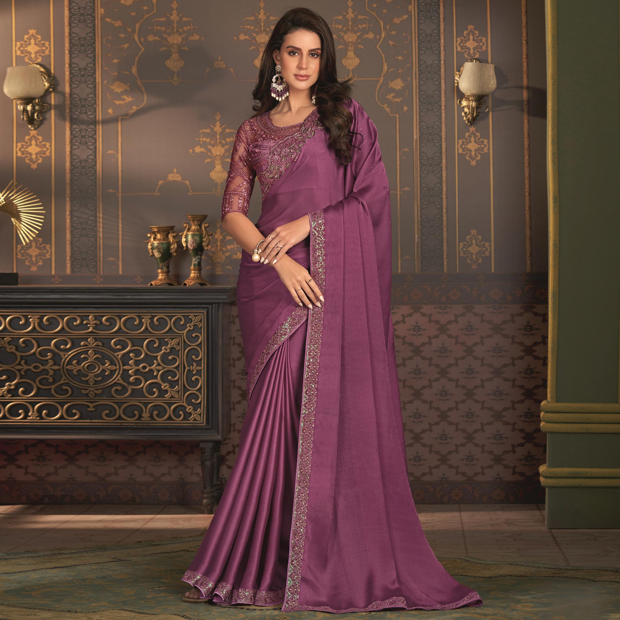 Purple Embroidered Designer Satin Saree