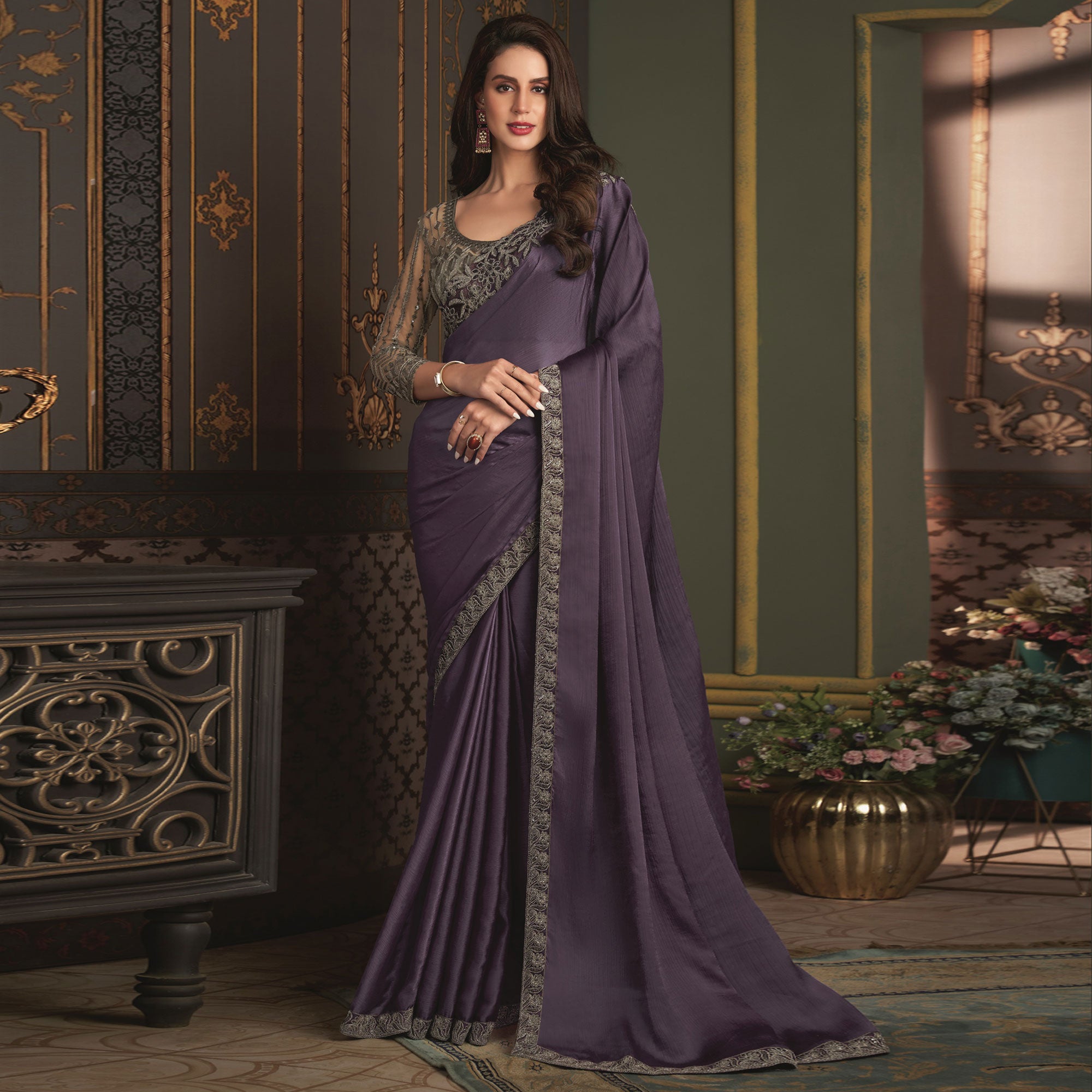 Buy Purple Satin Elegance Saree With Unstitched Blouse Kalki Fashion India