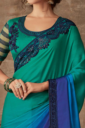 Sea Green & Blue Ombre Print With Embroidered Chiffon Saree