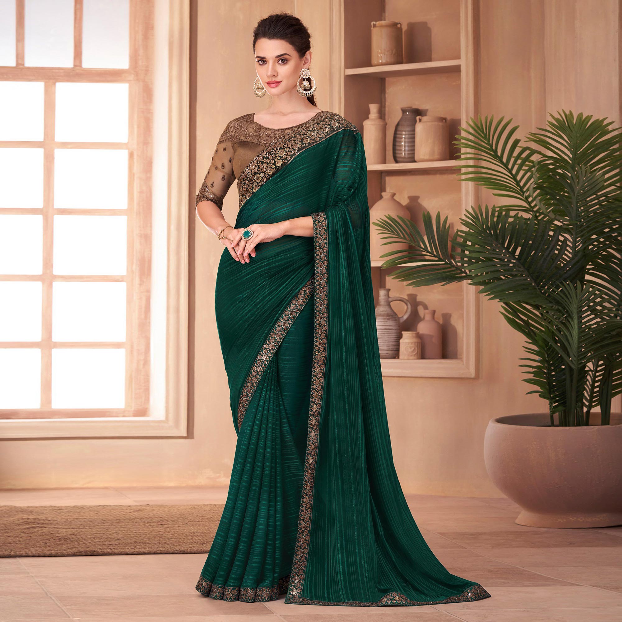 Bottle Green Floral Embroidered Georgette Saree