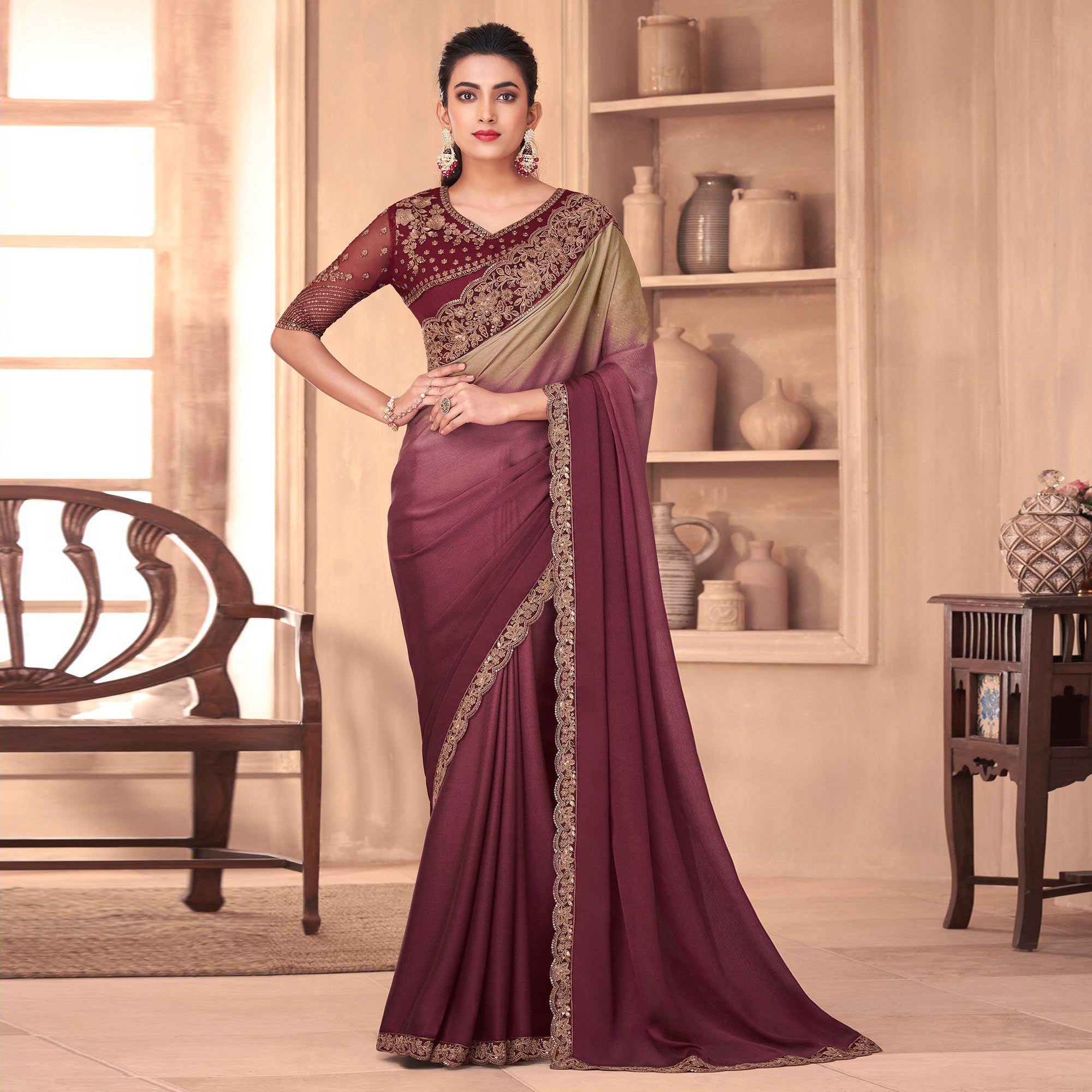 Wine & Brown Floral Embroidered Georgette Saree