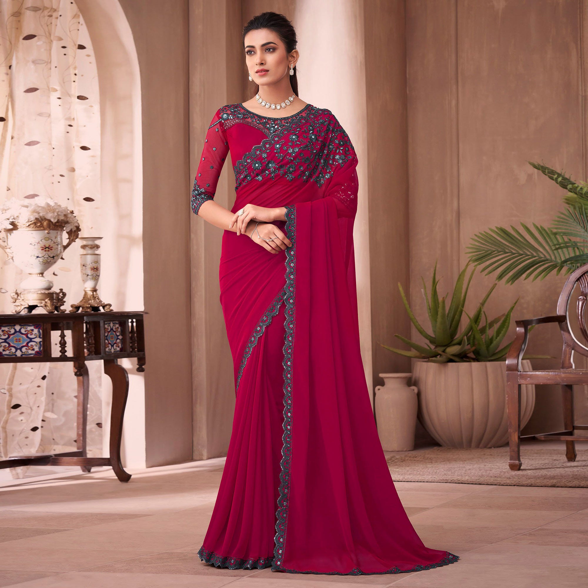 Pink Floral Embroidered Georgette Saree