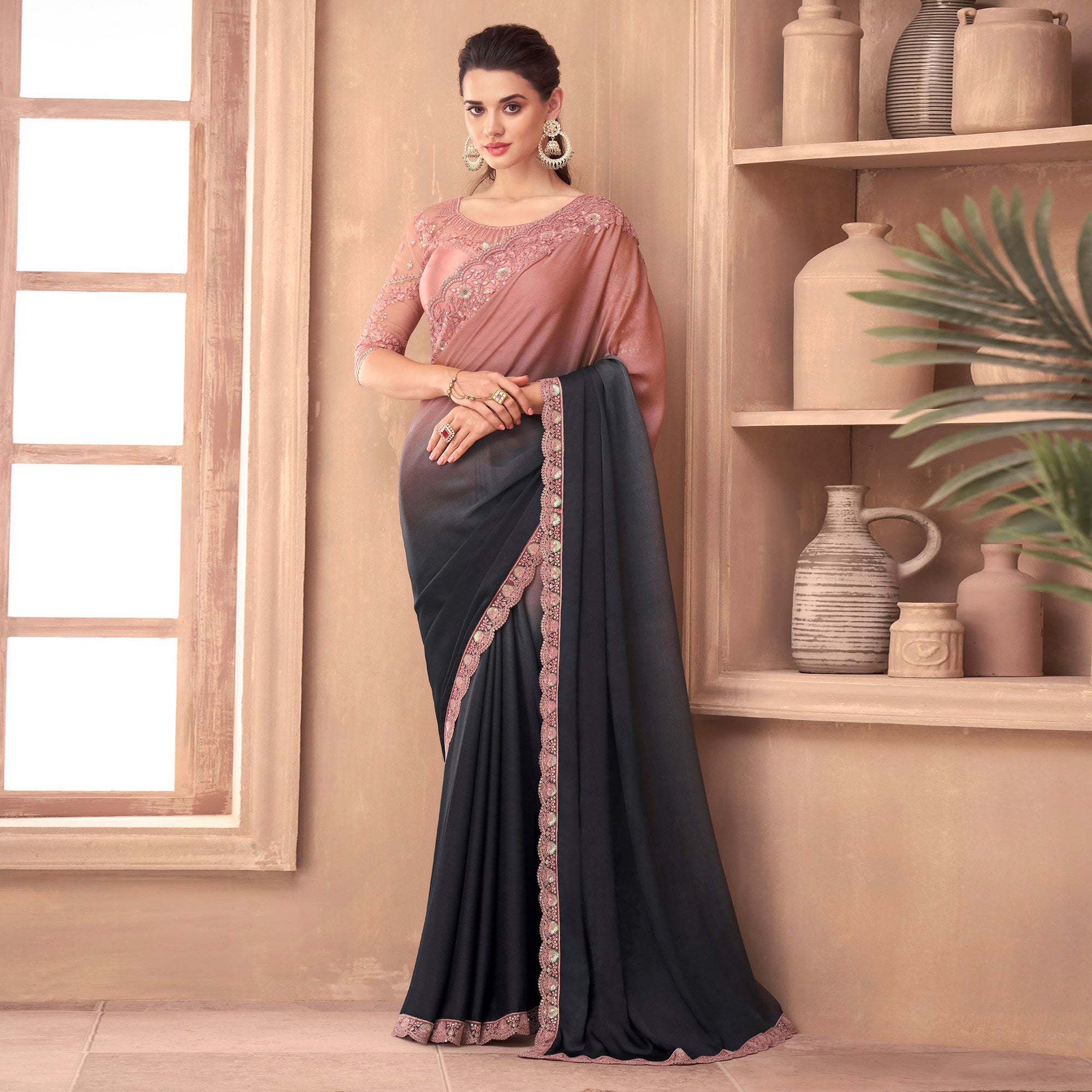 Grey & Pink Floral Embroidered Georgette Saree