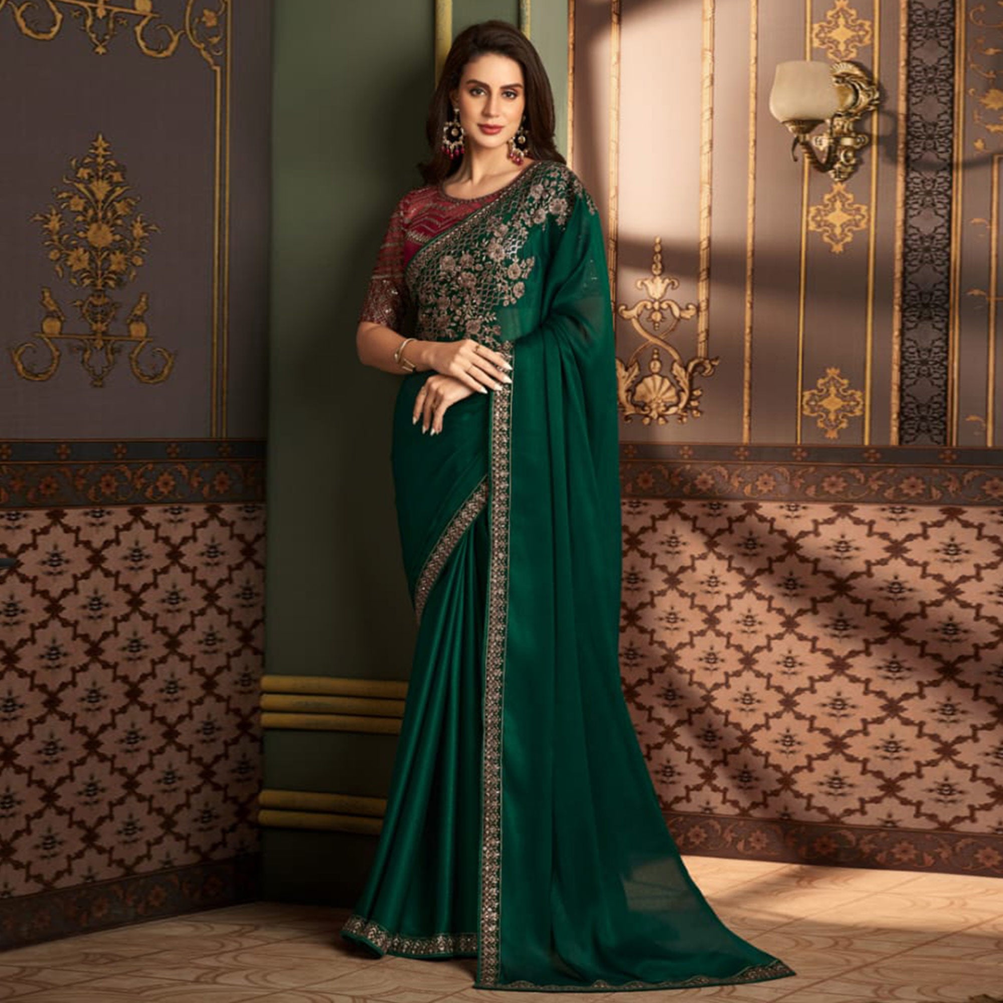 Bottle Green Floral Sequins Embroidered Satin Saree