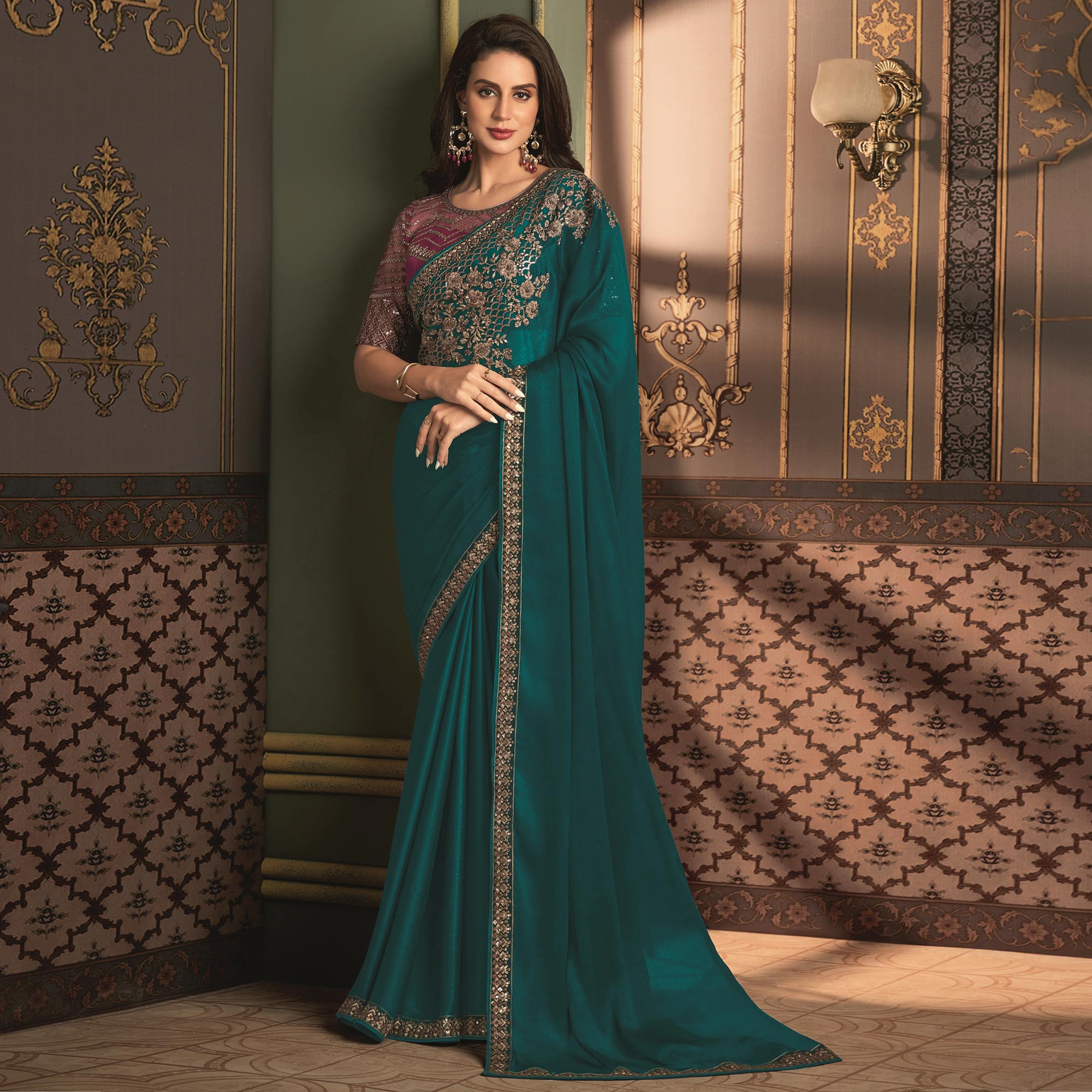 Teal Floral Sequins Embroidered Satin Saree