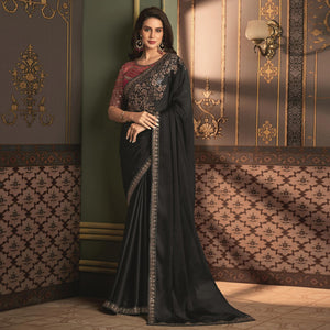 Black Floral Sequins Embroidered Satin Saree