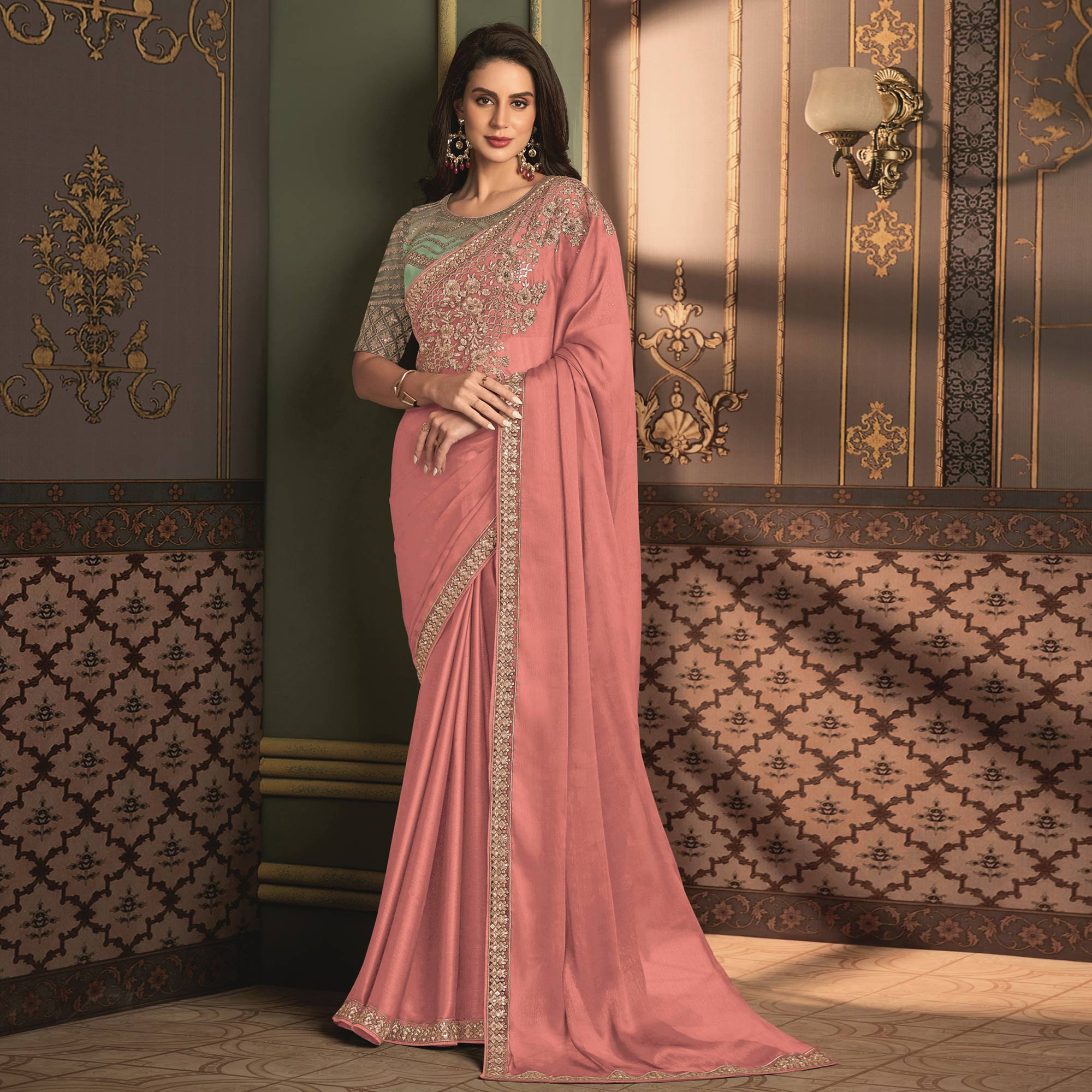 Peach Floral Sequins Embroidered Satin Saree