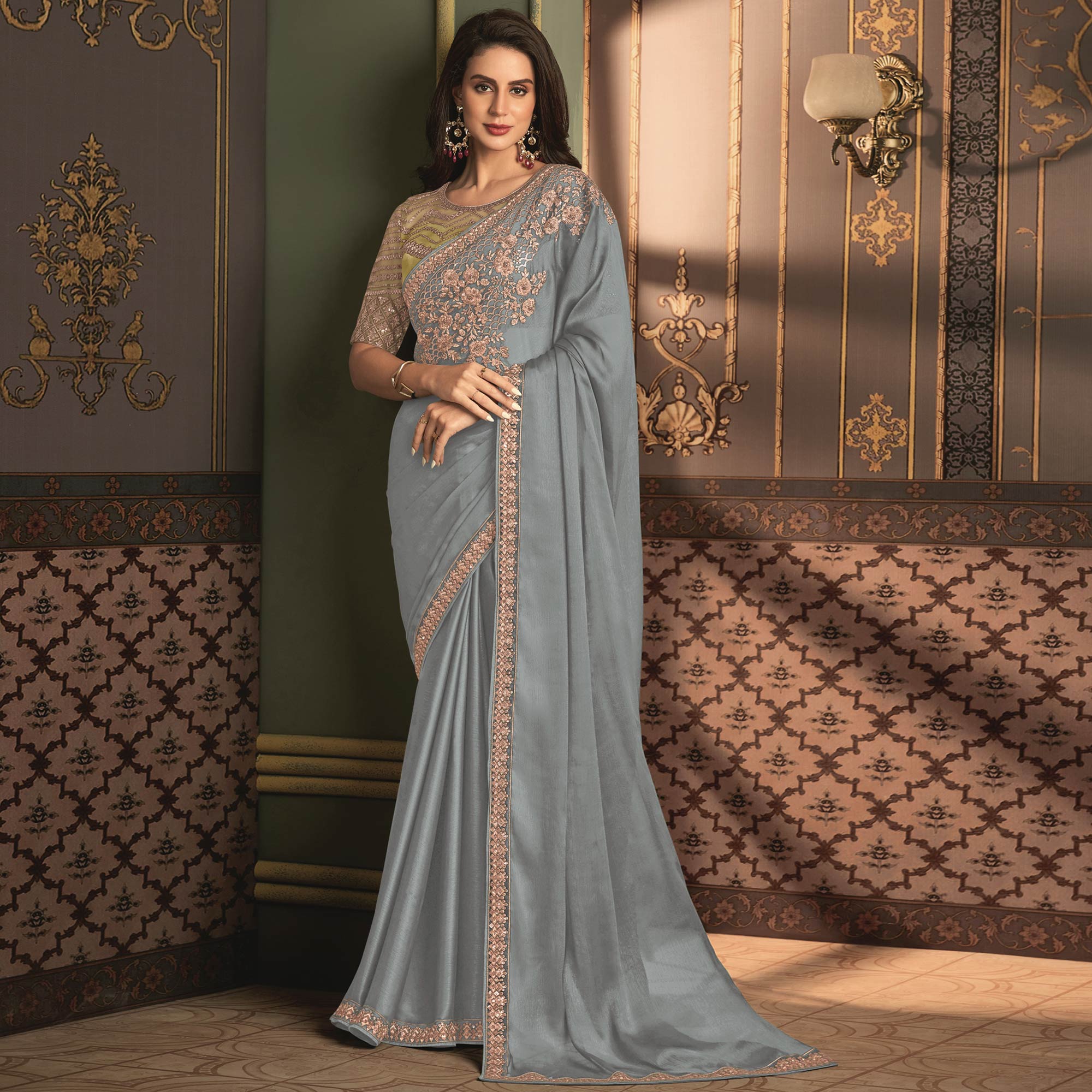 Bluish Grey Floral Sequins Embroidered Satin Saree