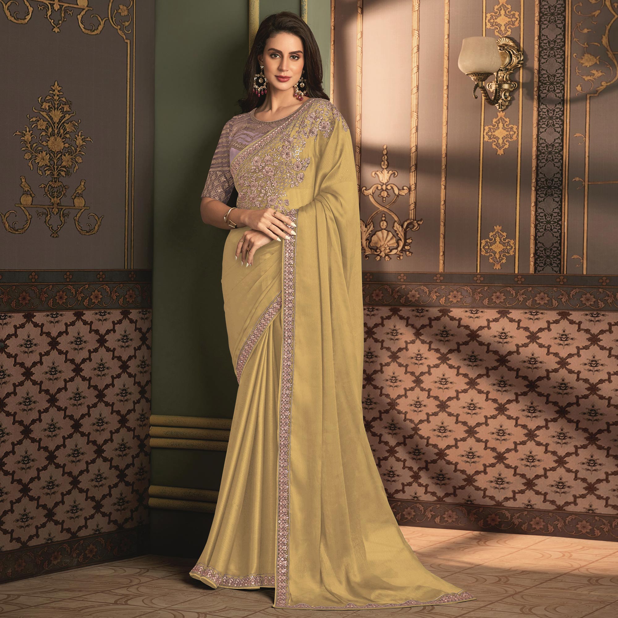 Mustard Floral Sequins Embroidered Satin Saree