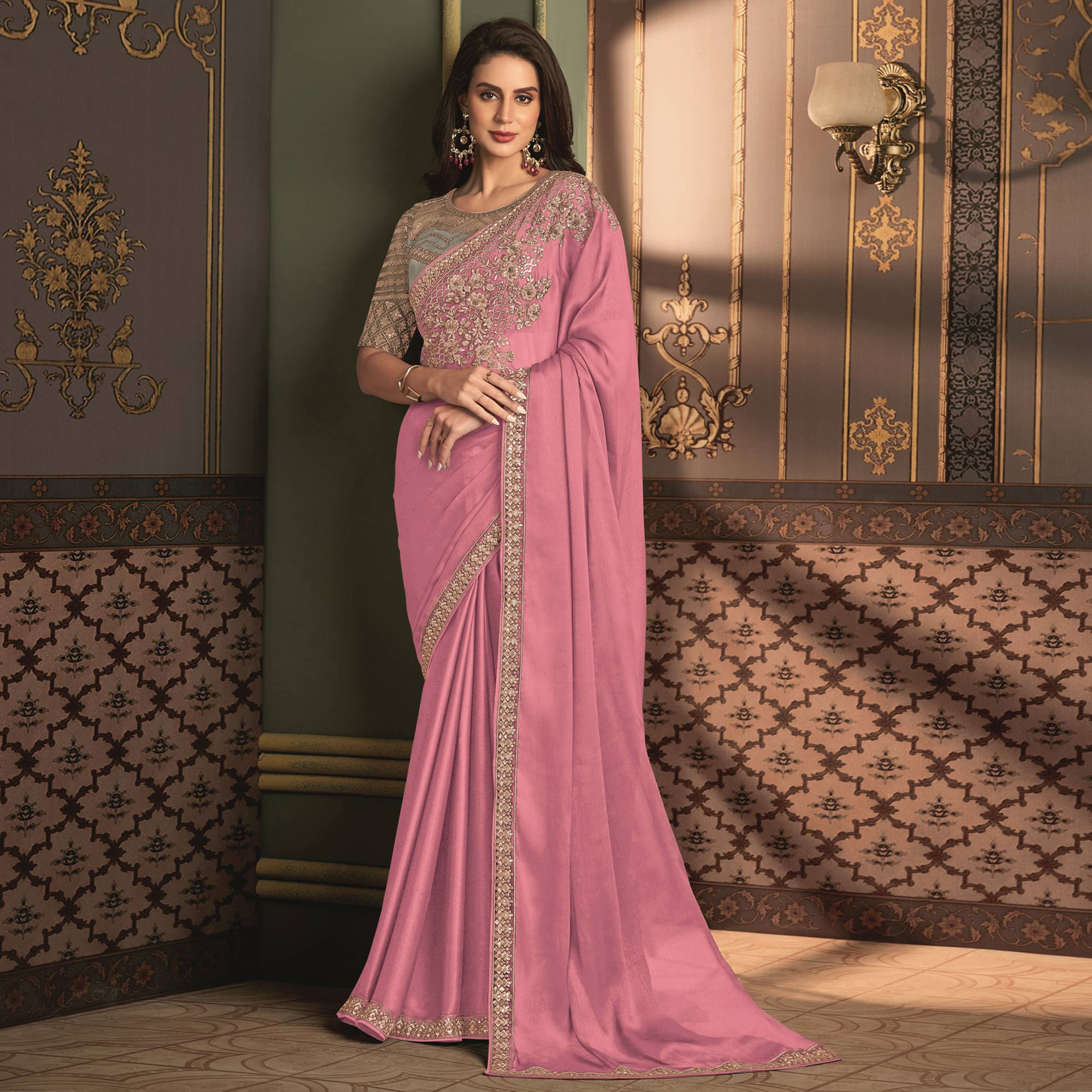 Pink Floral Sequins Embroidered Satin Saree