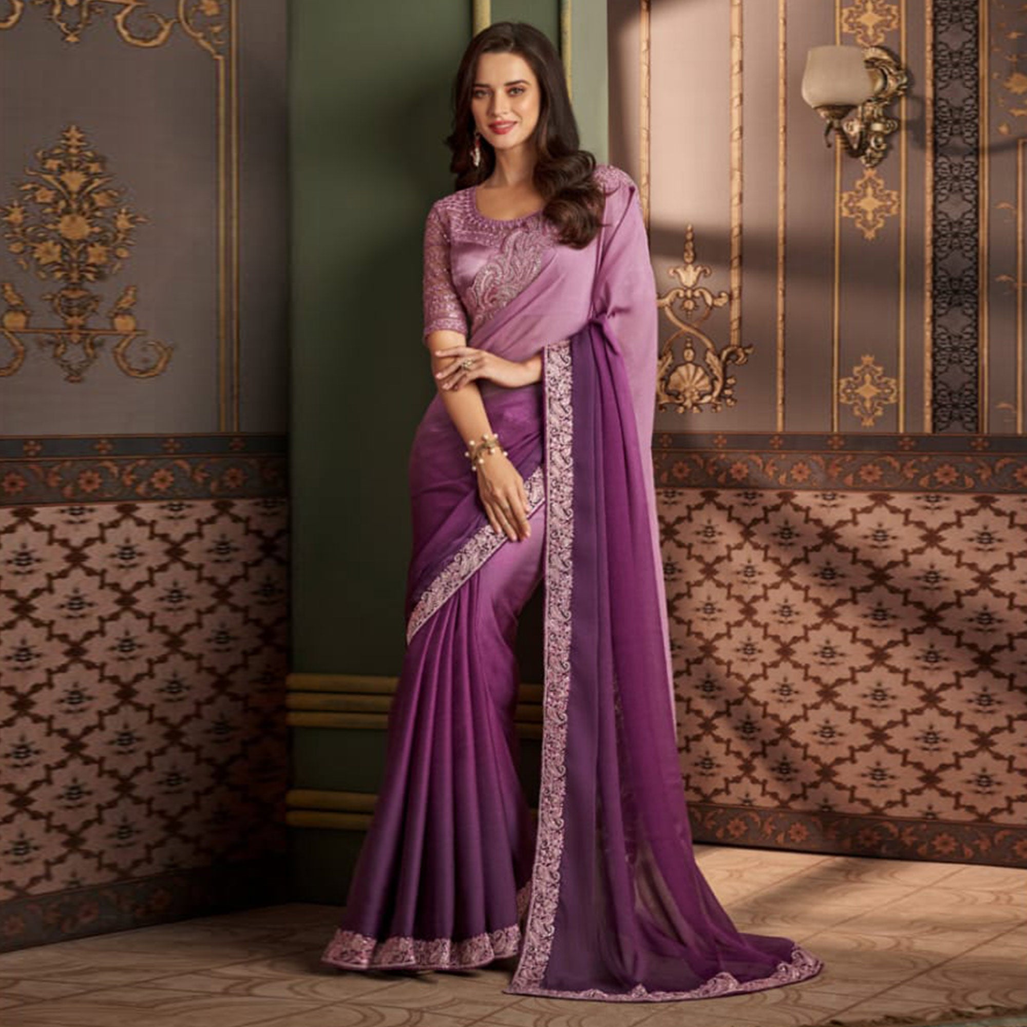 Purple & Lavender Embroidered Chiffon Ombre Saree