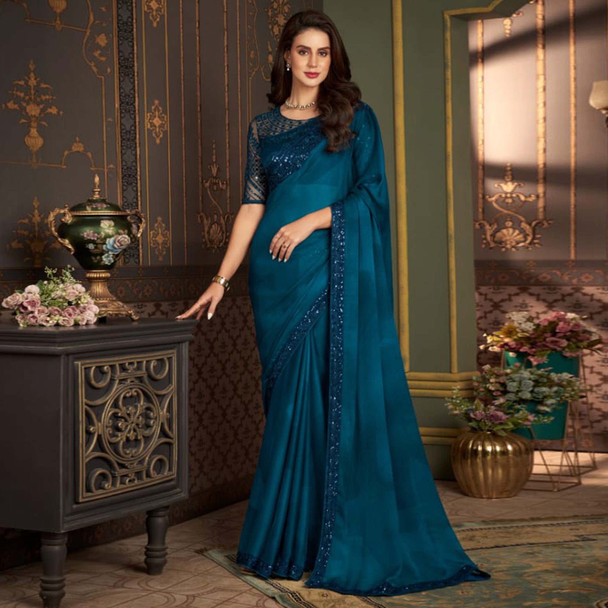 Teal Blue Embroidered Chiffon Saree