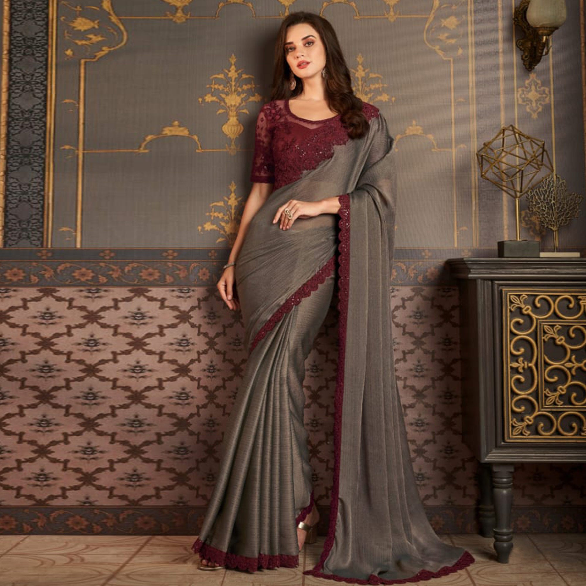 Dark Grey Embroidered Satin Saree