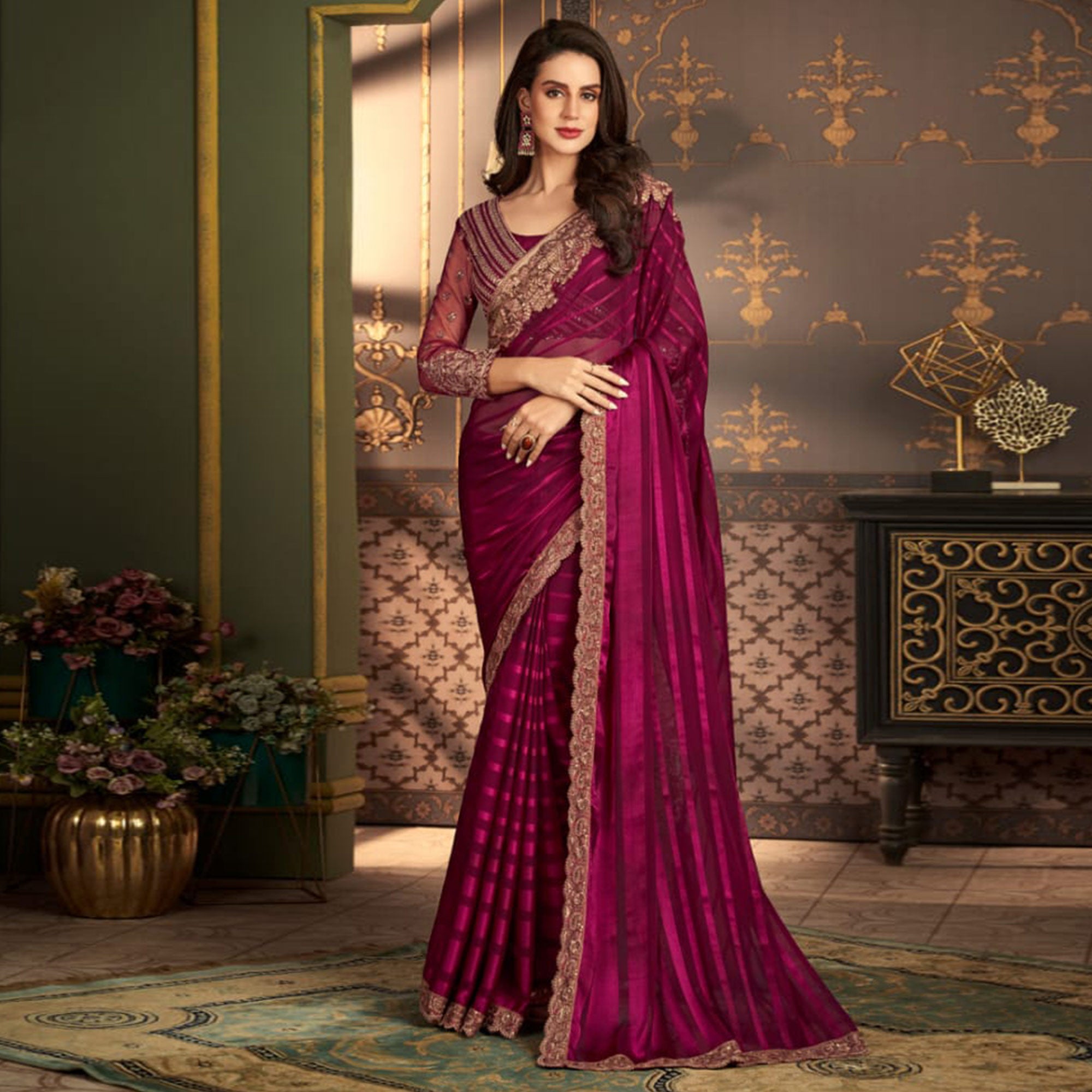 Magenta Embroidered Satin Saree