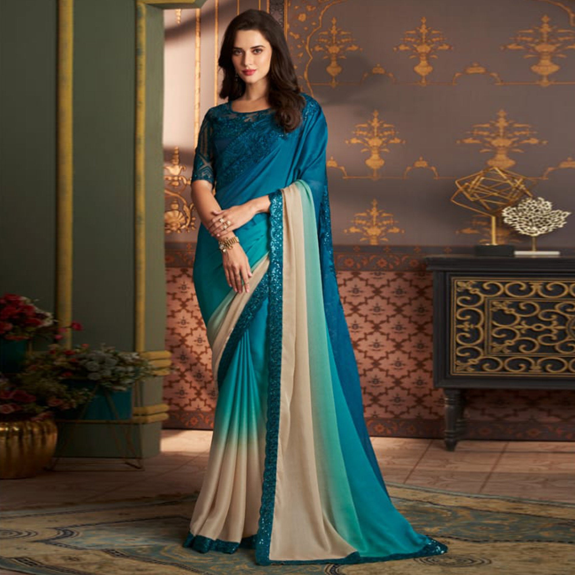 Teal Blue & Beige Embroidered Chiffon Ombre Saree