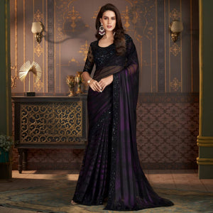 Black & Purple Embroidered Satin Saree