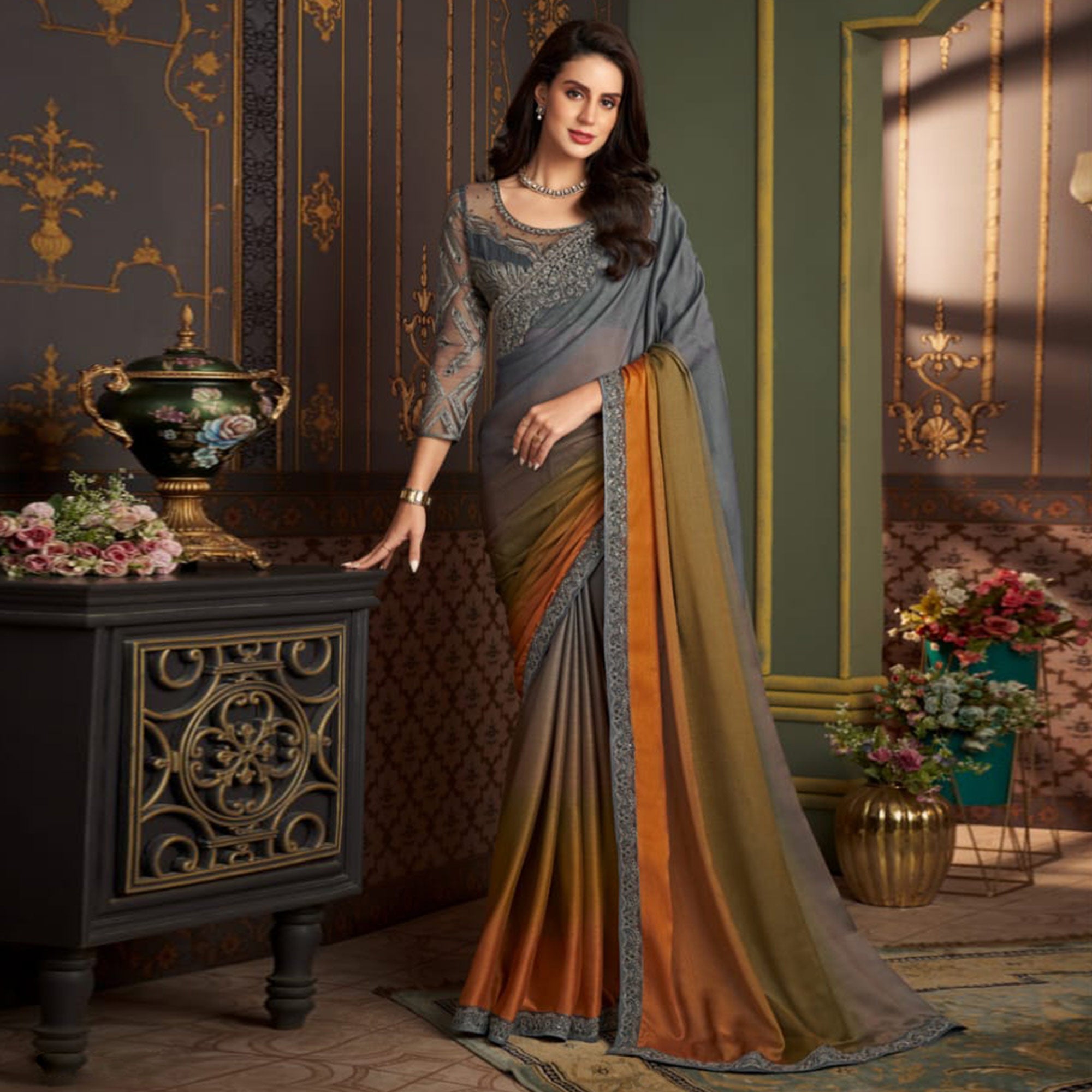 Grey & Mustard Embroidered Chiffon Ombre Saree
