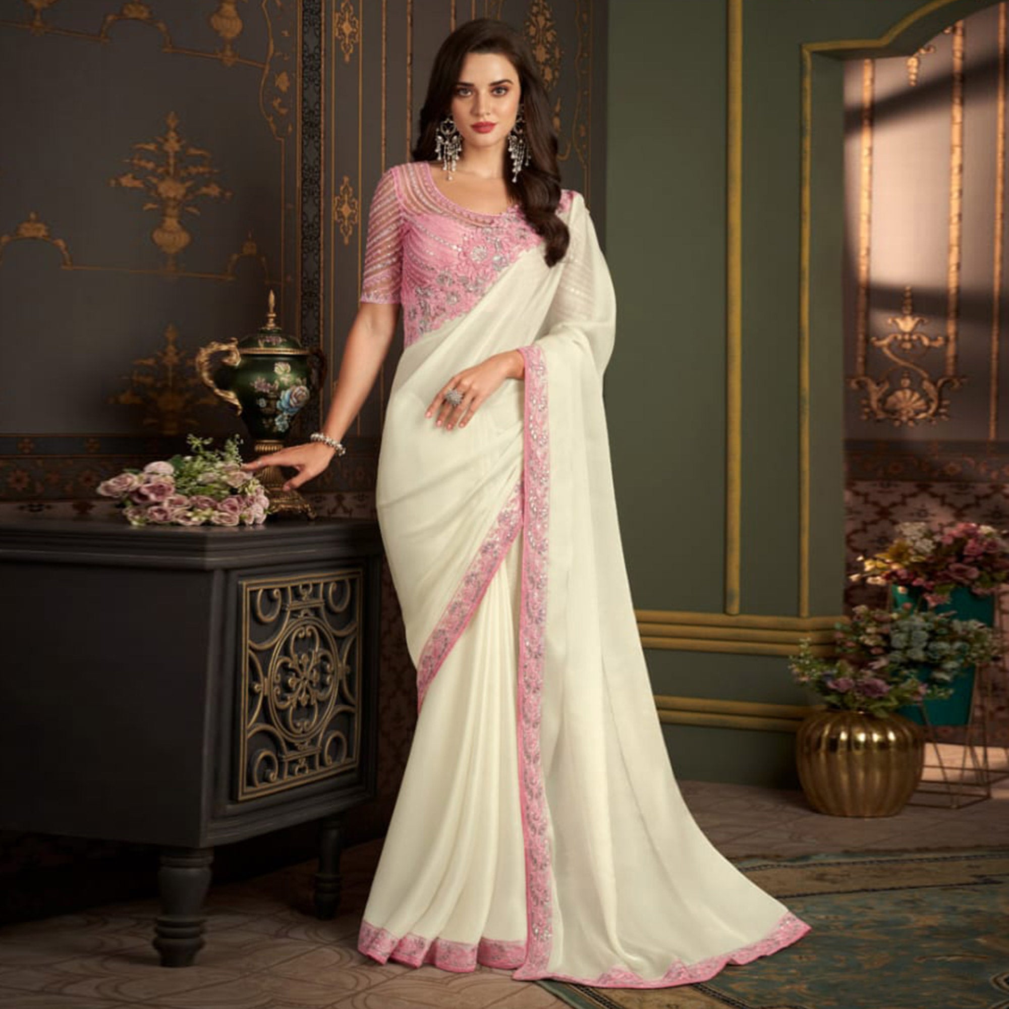 White Embroidered Satin Saree