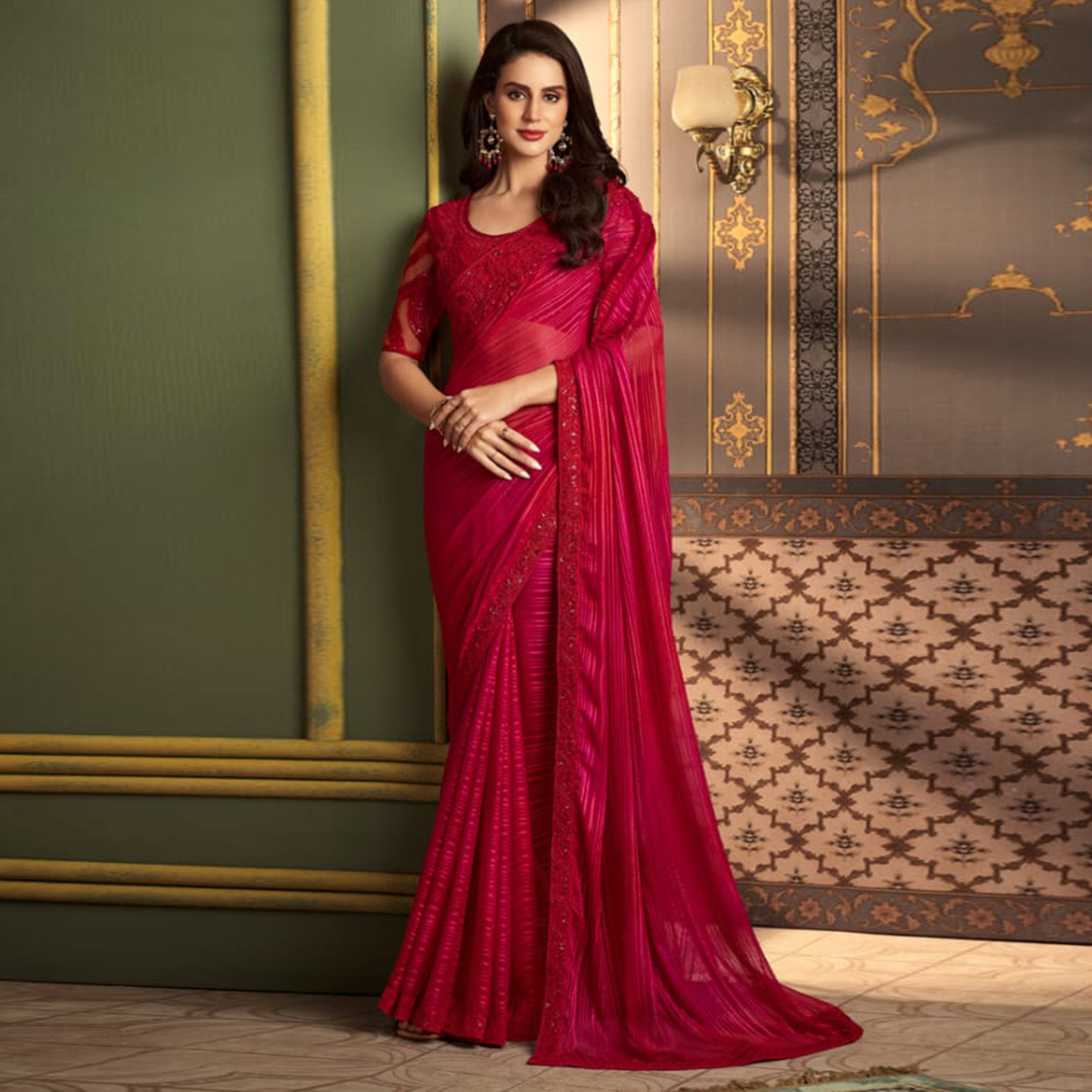 Rani Pink Embroidered Satin Saree