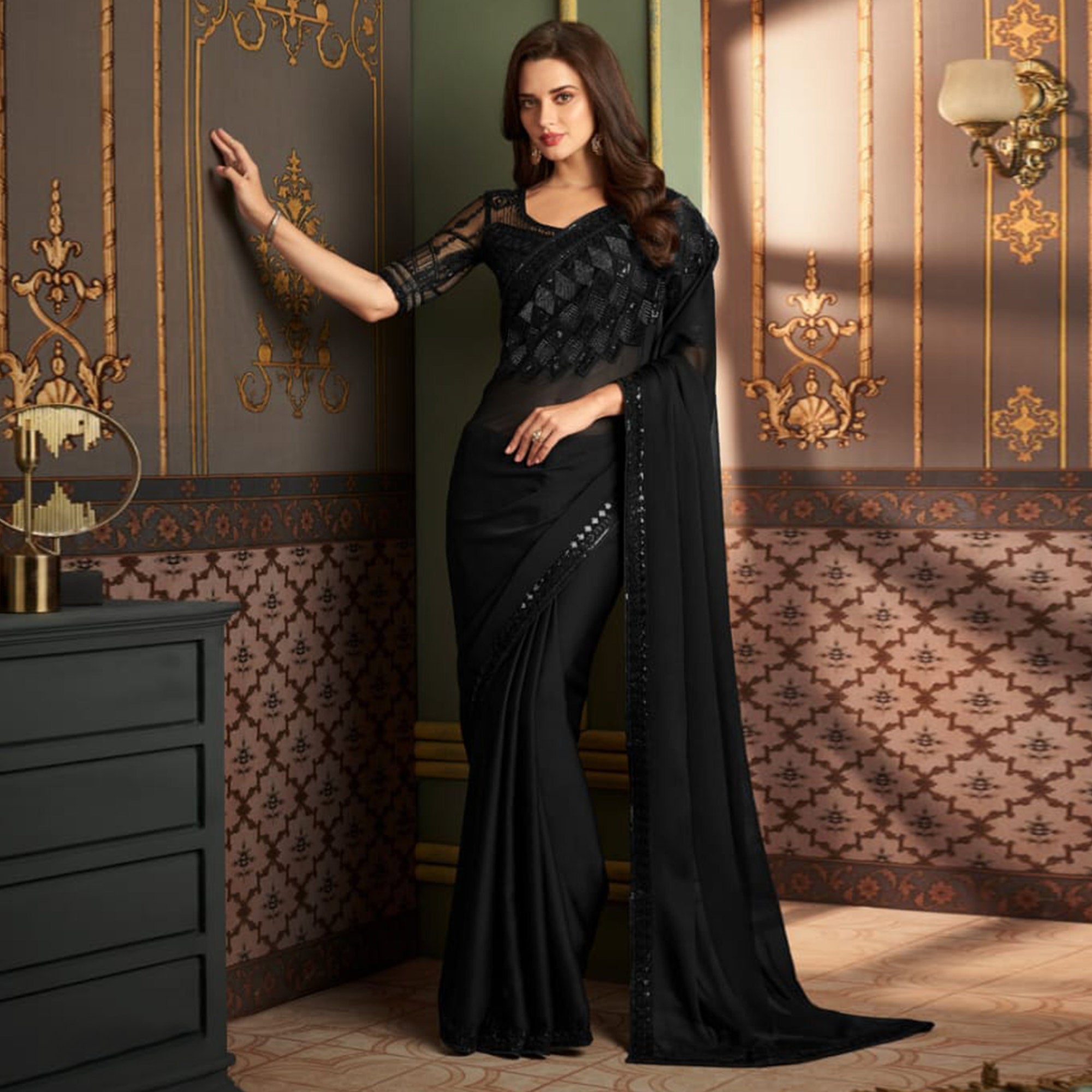 Black Embroidered Chiffon Saree