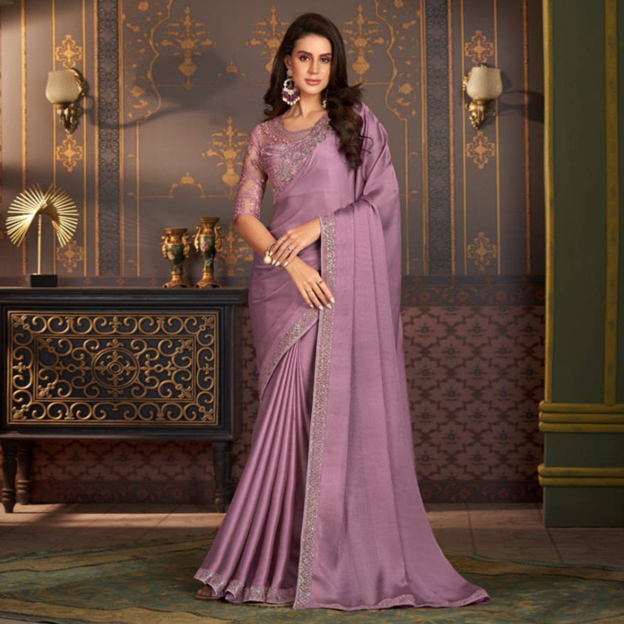 Mauve Embroidered Satin Saree