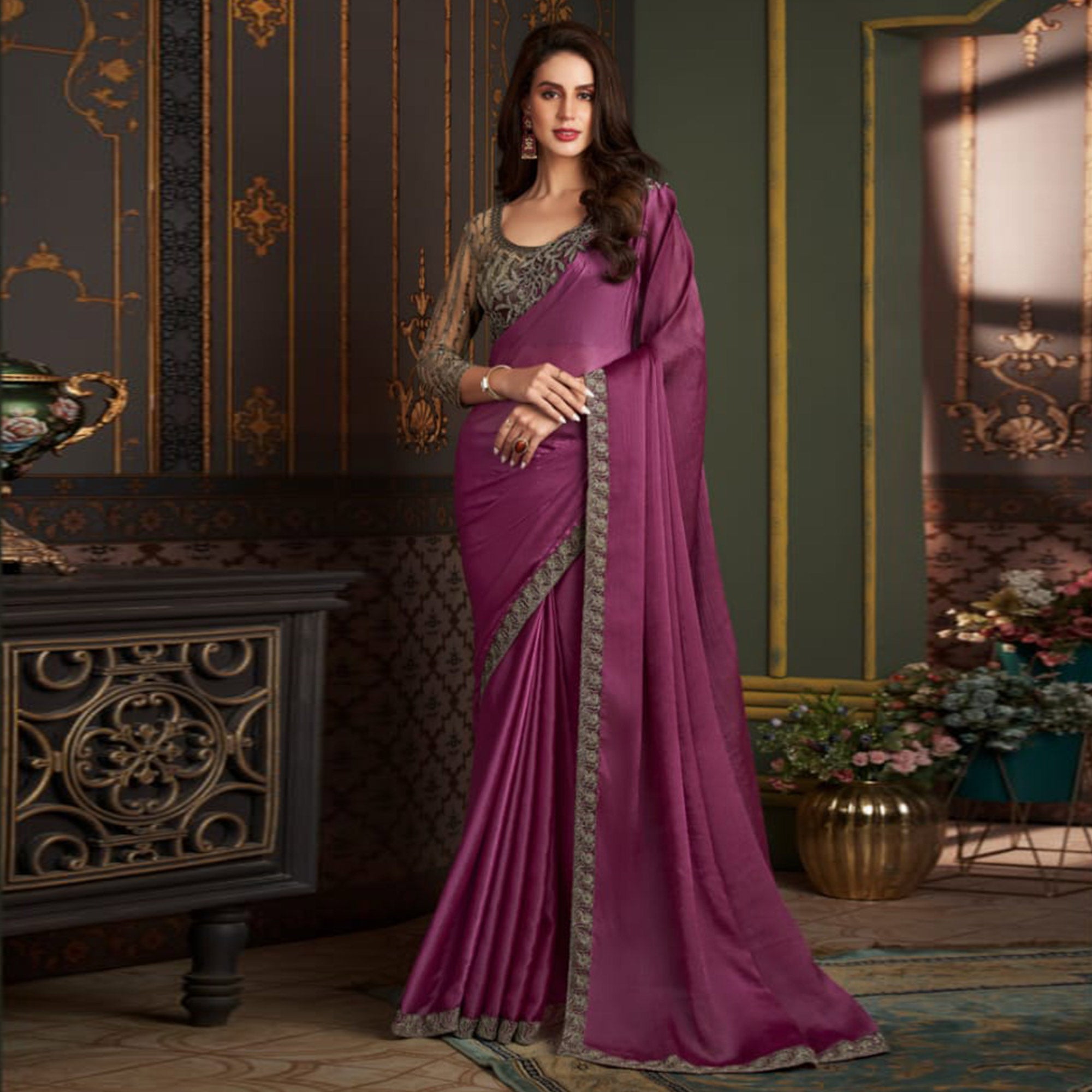 Purple Embroidered Satin Saree