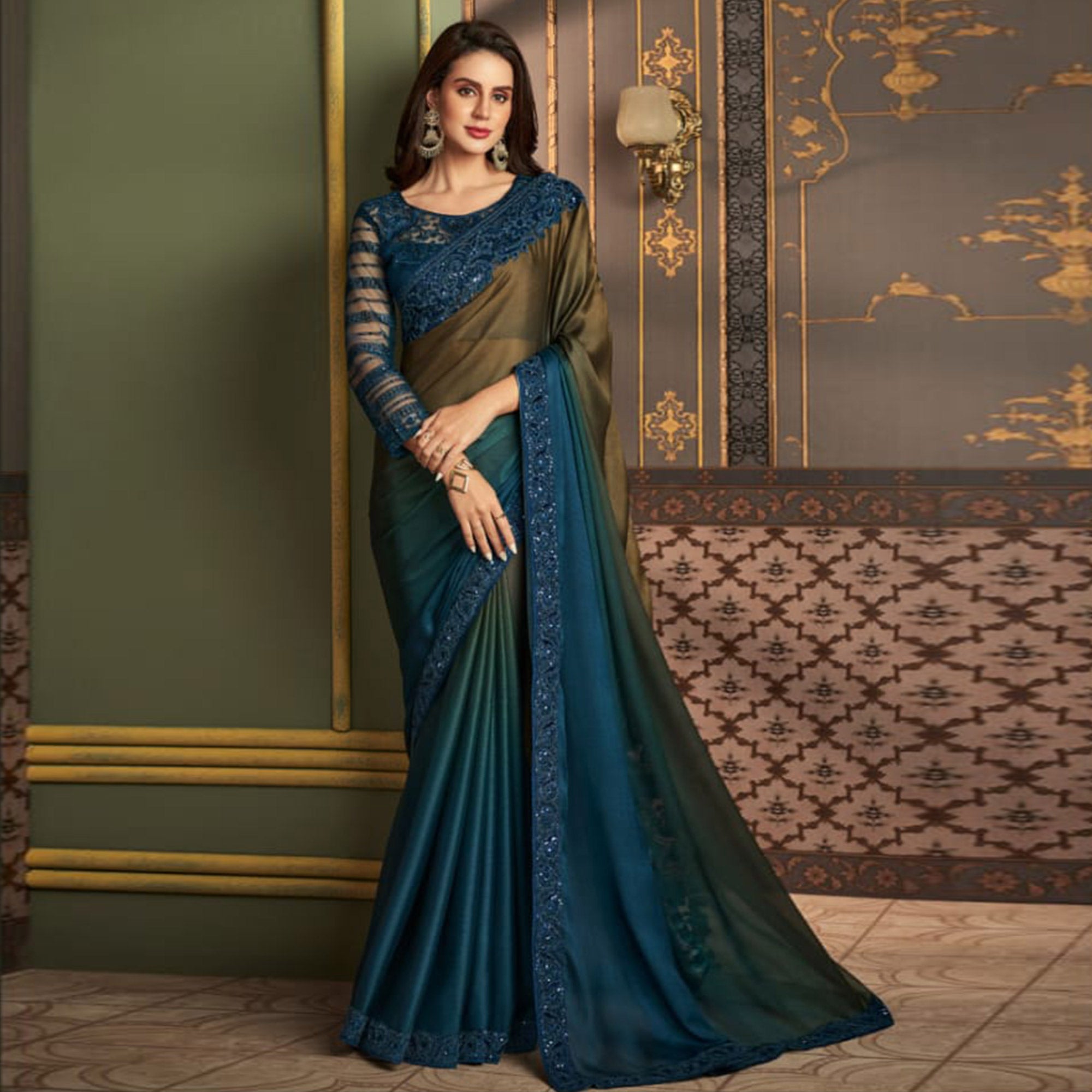 Teal Blue & olive Embroidered Satin Ombre Saree