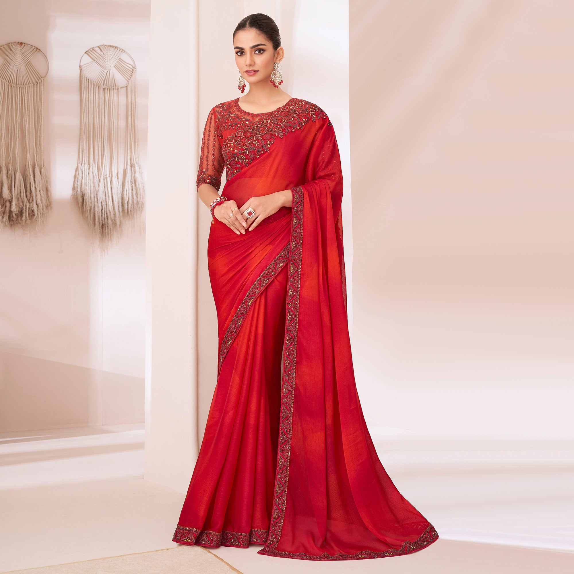 Red Embroidered Chiffon Saree