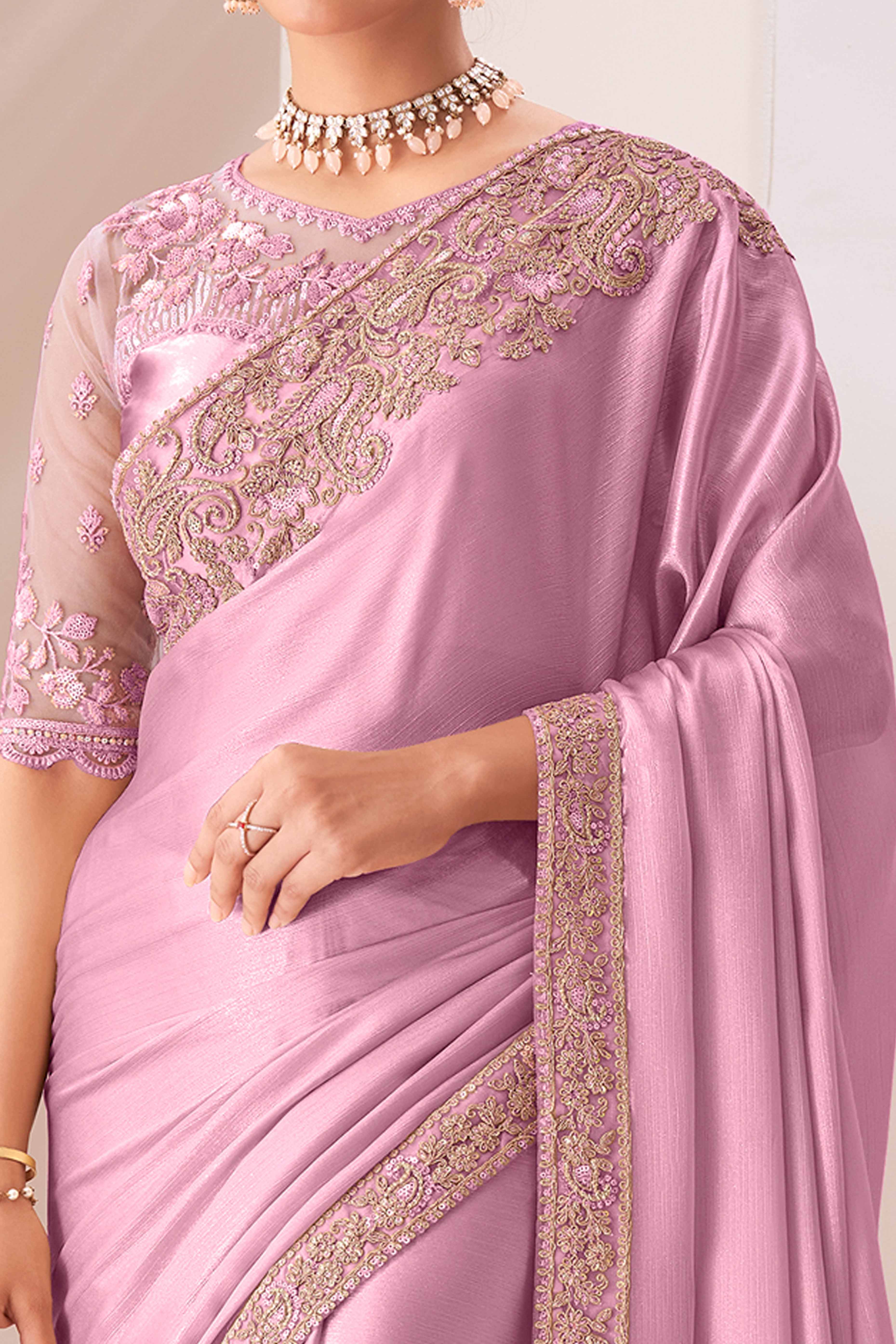 Pink Floral Sequins Embroidered Chiffon Saree