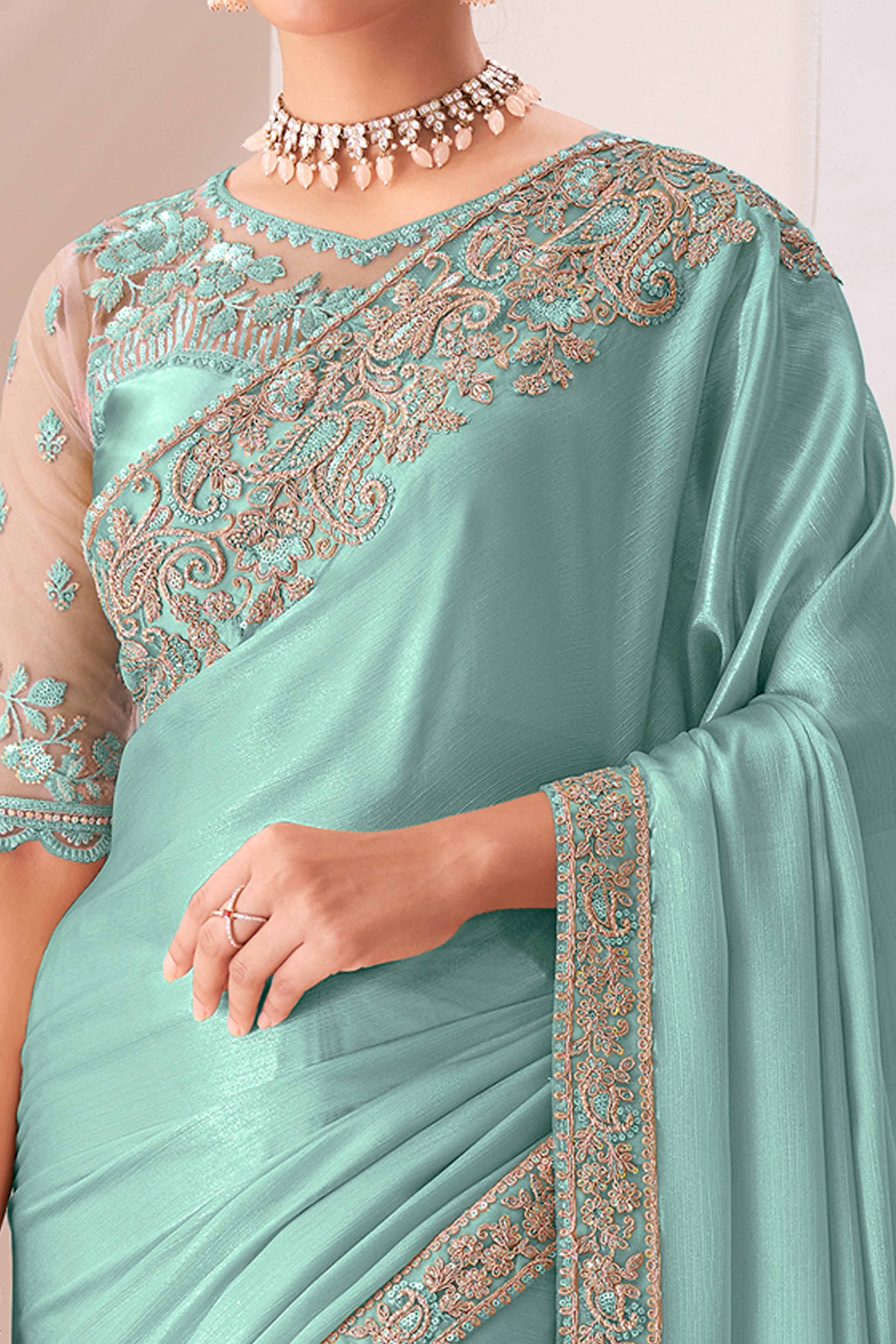 Turquoise Floral Sequins Embroidered Chiffon Saree
