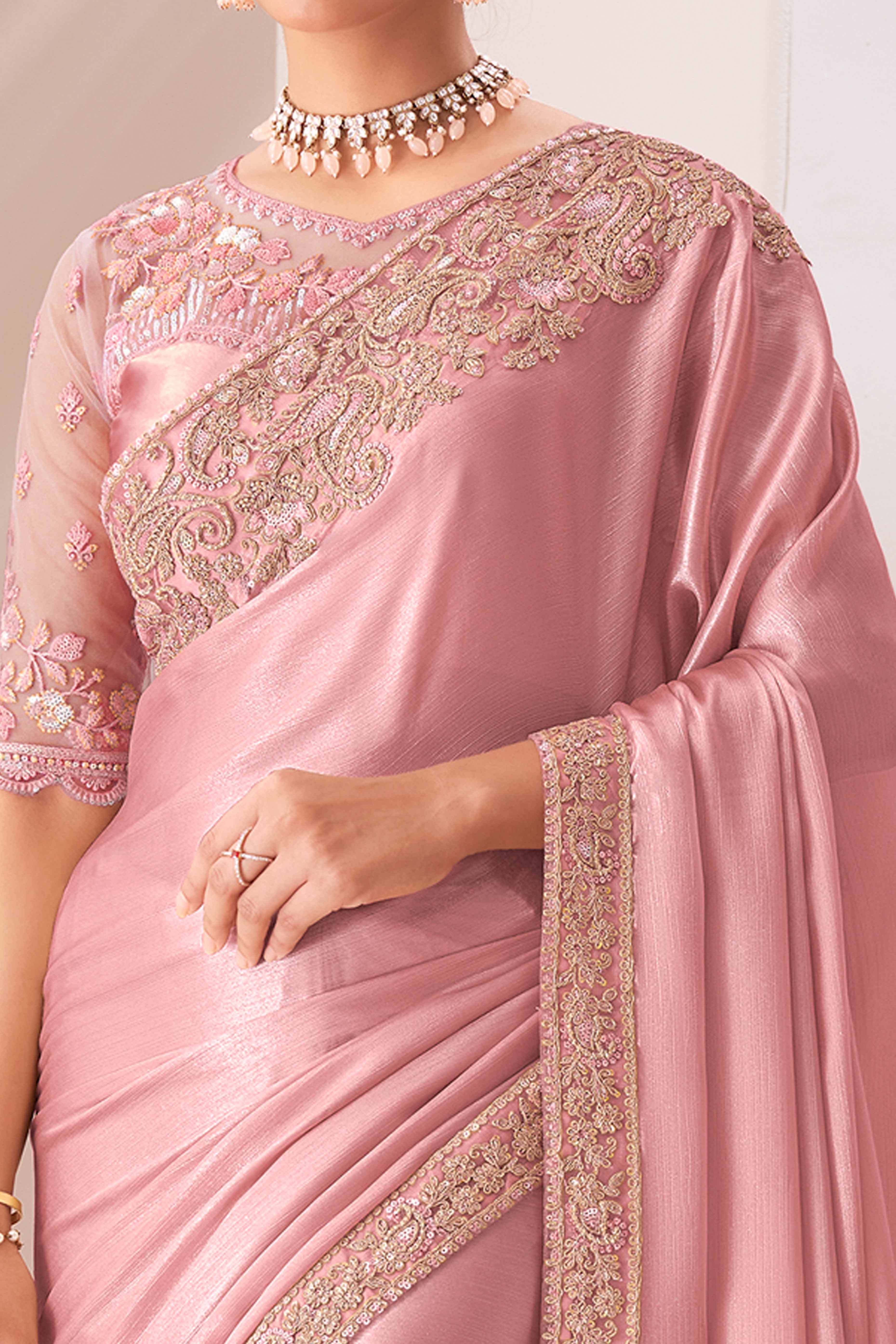 Peach Floral Sequins Embroidered Chiffon Saree