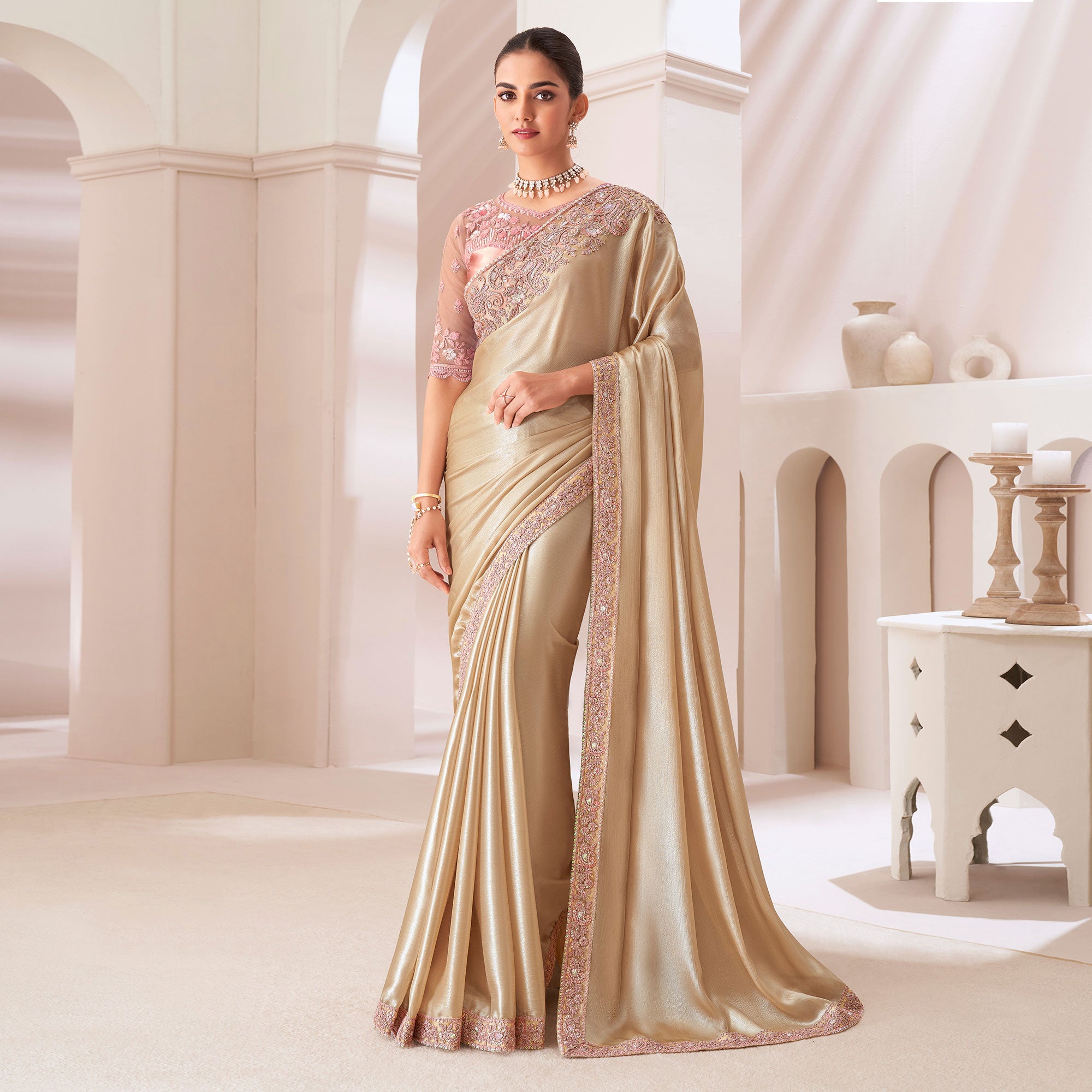Beige Embroidered Chiffon Saree